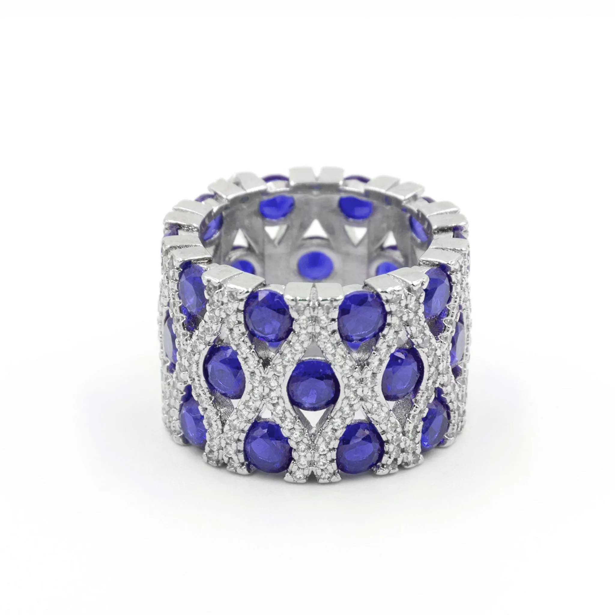 Anillo grueso con zirconias redondas azul - plata 925