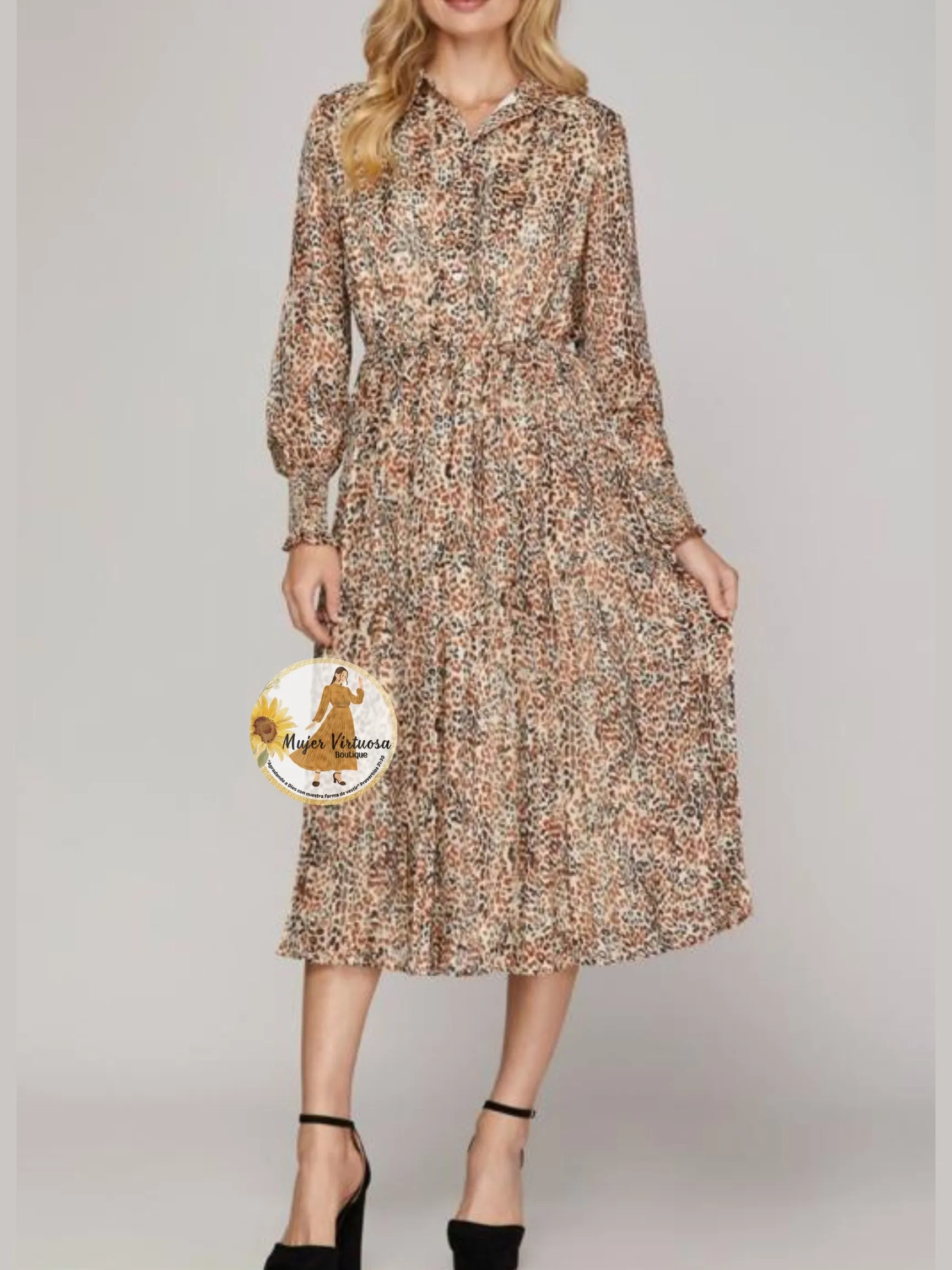 Beige Animal Print Chiffon Midi Dress