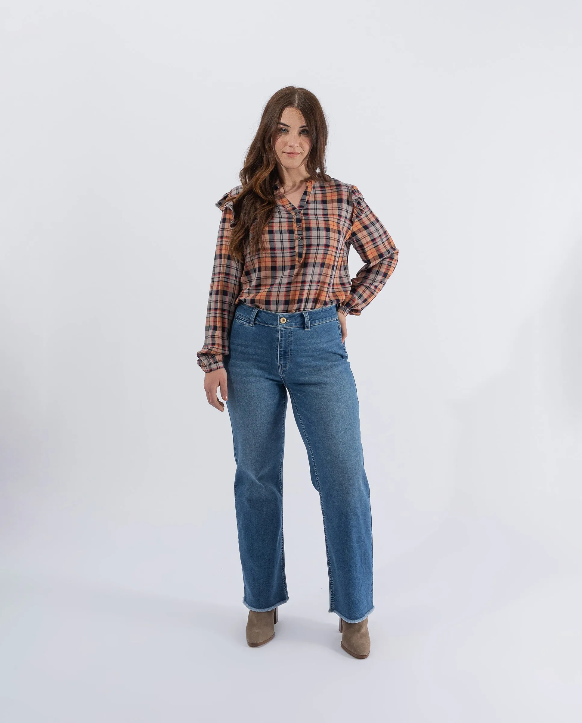 BLUSA CUADROS HILO TINTADO  NARANJA QUEMADO