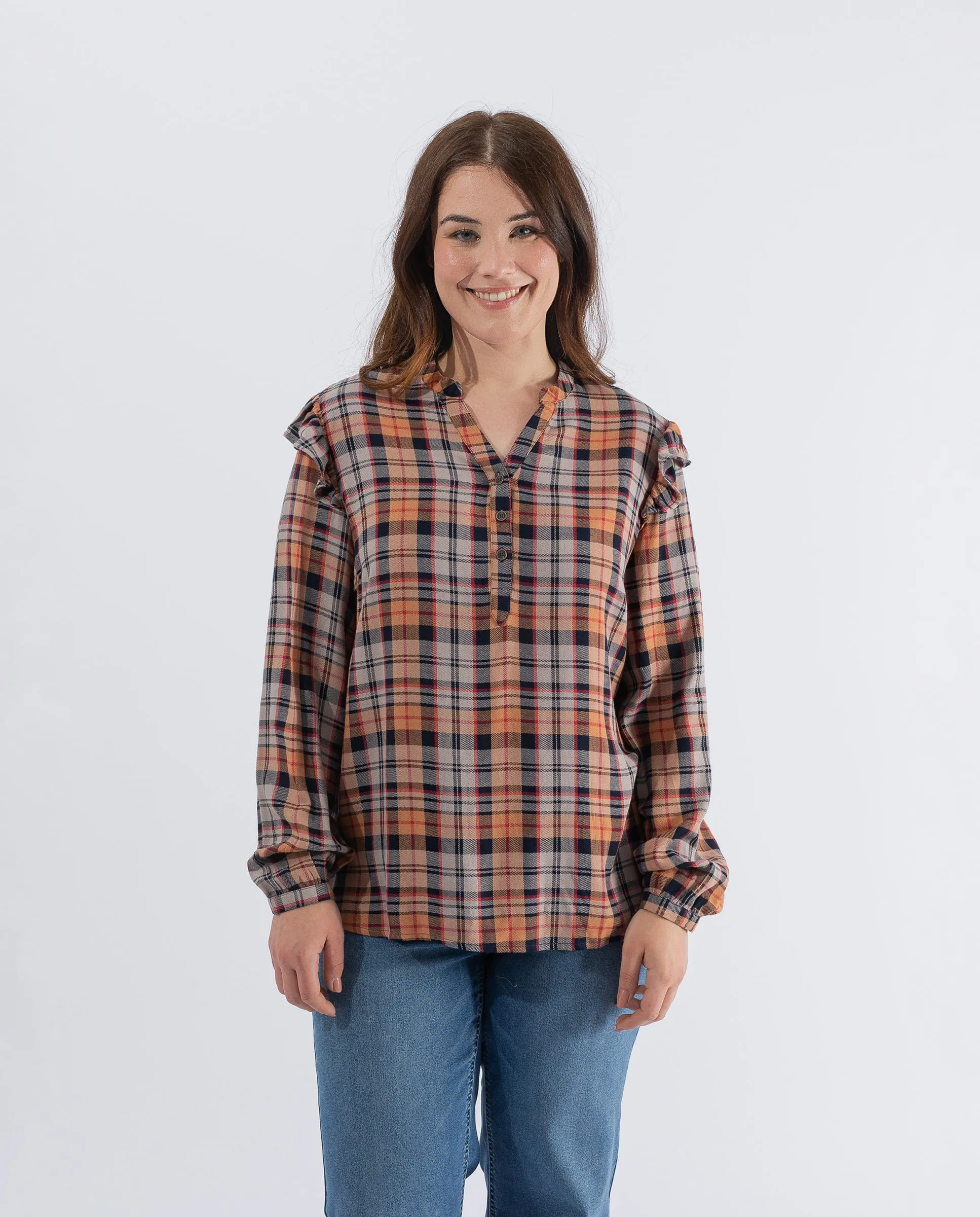 BLUSA CUADROS HILO TINTADO  NARANJA QUEMADO