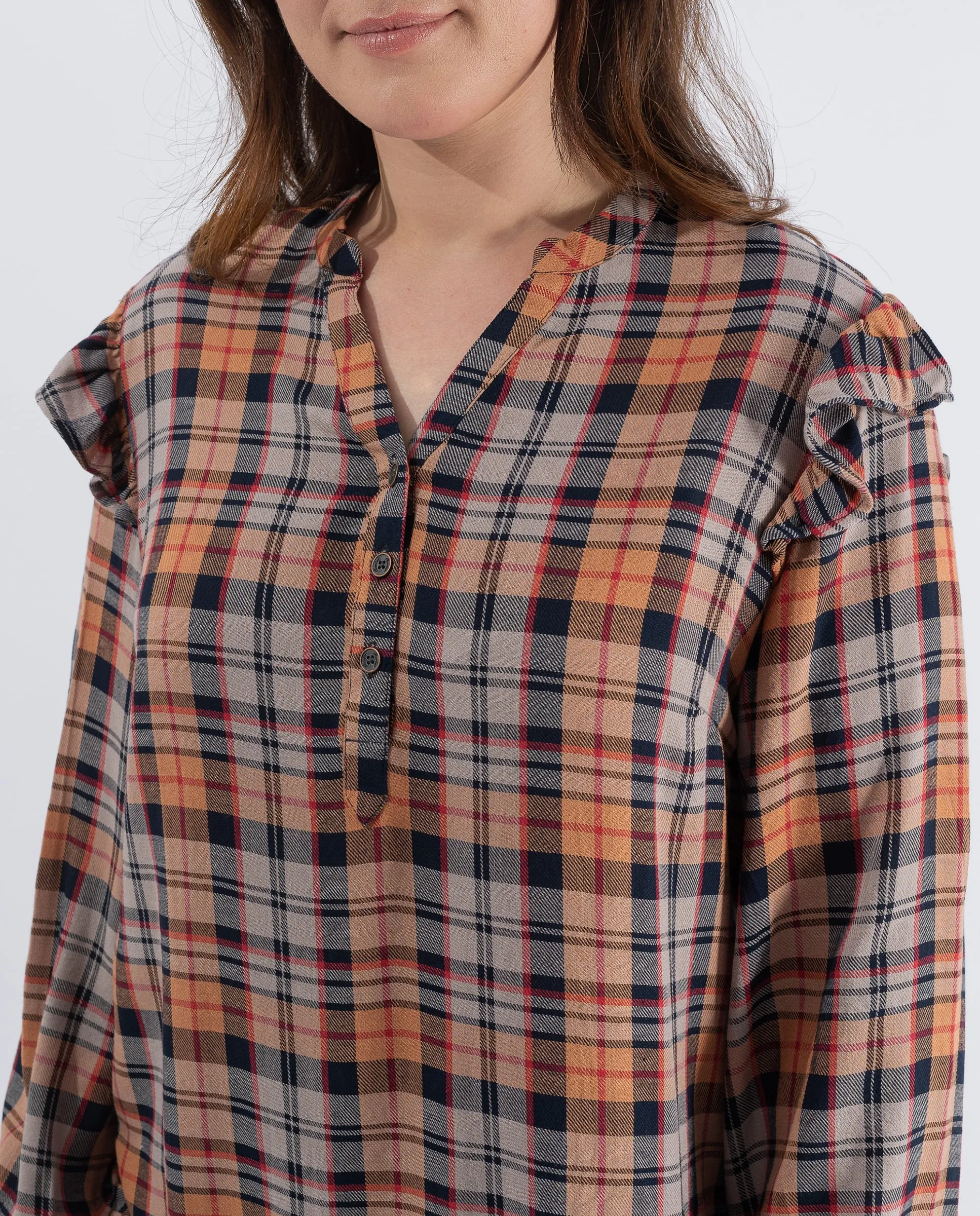 BLUSA CUADROS HILO TINTADO  NARANJA QUEMADO