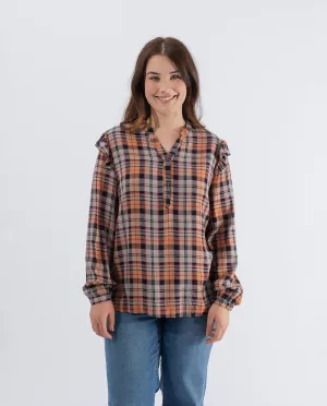BLUSA CUADROS HILO TINTADO  NARANJA QUEMADO