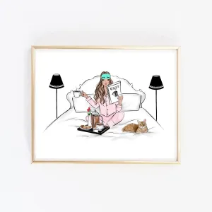 Breakfast in bed with my cat art print fashion illustration