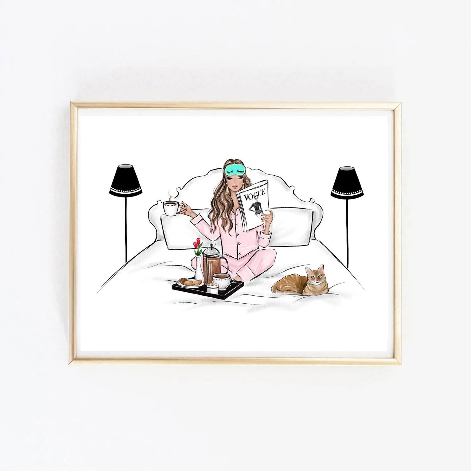 Breakfast in bed with my cat art print fashion illustration