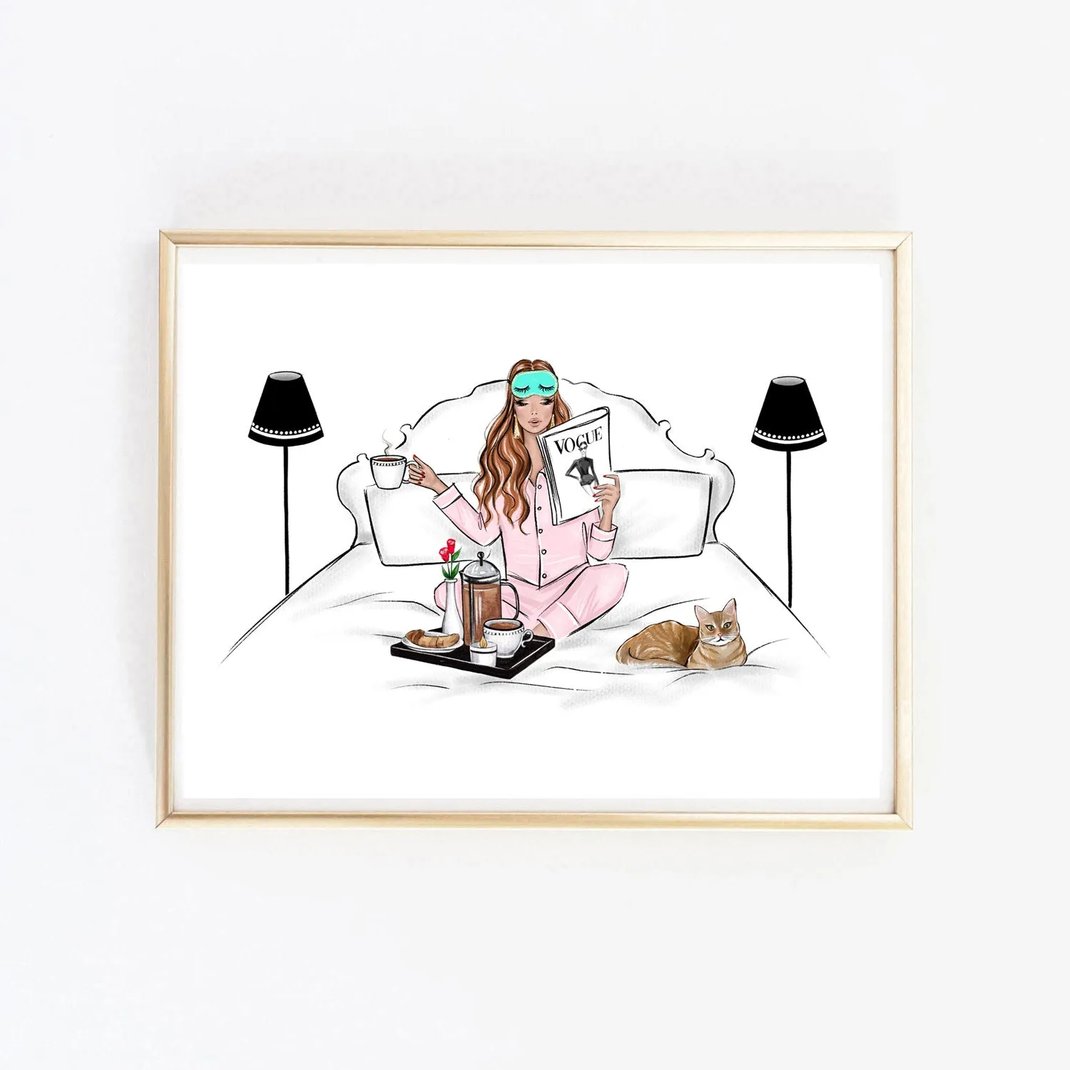 Breakfast in bed with my cat art print fashion illustration