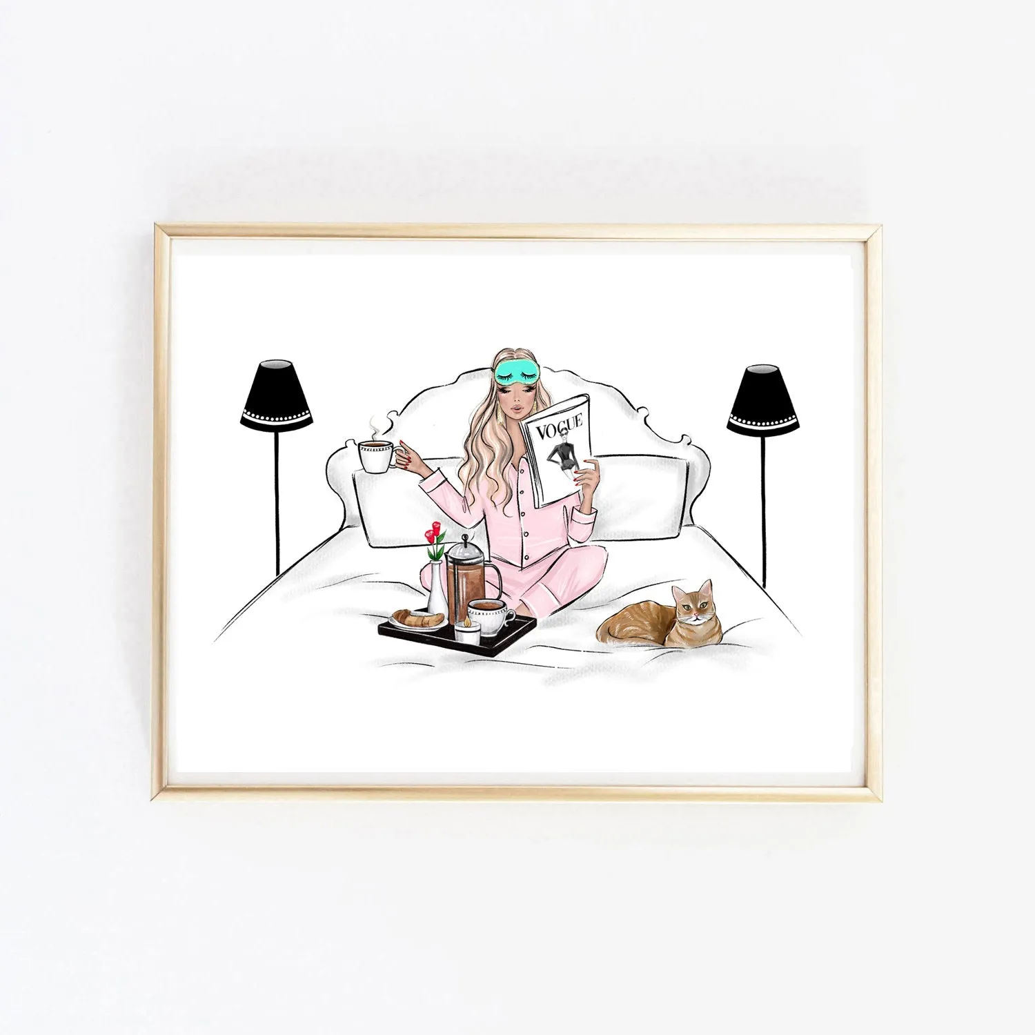 Breakfast in bed with my cat art print fashion illustration