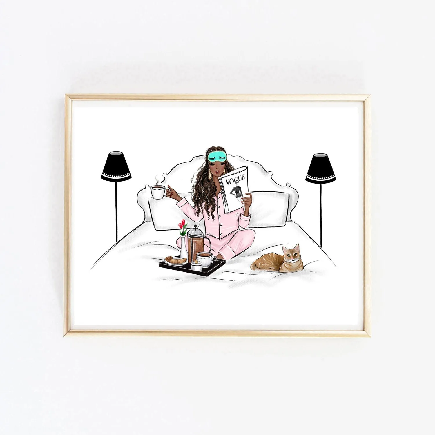 Breakfast in bed with my cat art print fashion illustration
