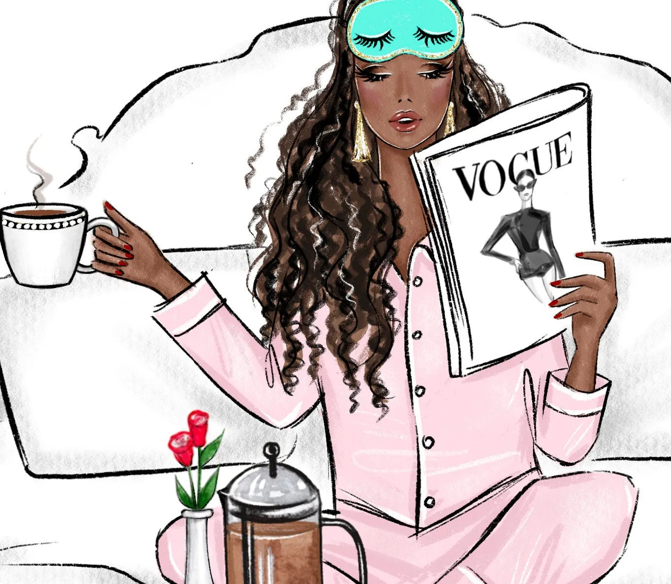 Breakfast in bed with my cat art print fashion illustration