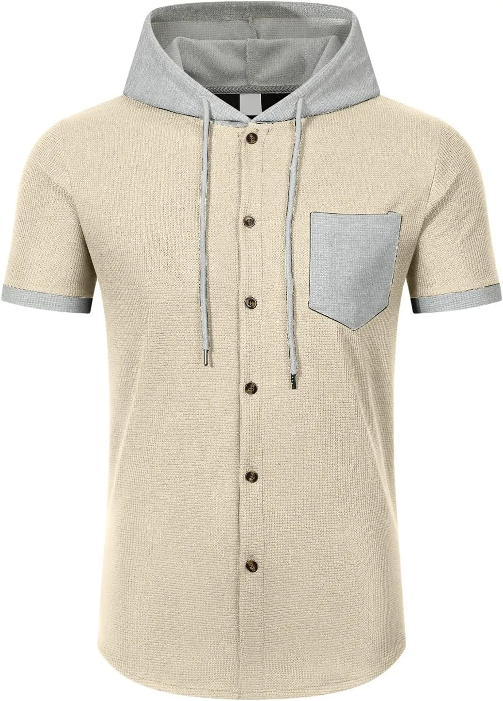 Button Down Hoodies for Men Casual Waffle Knit Short Sleeve Drawstring Hooded Shirt Lightweight Summer Polo Cardigan