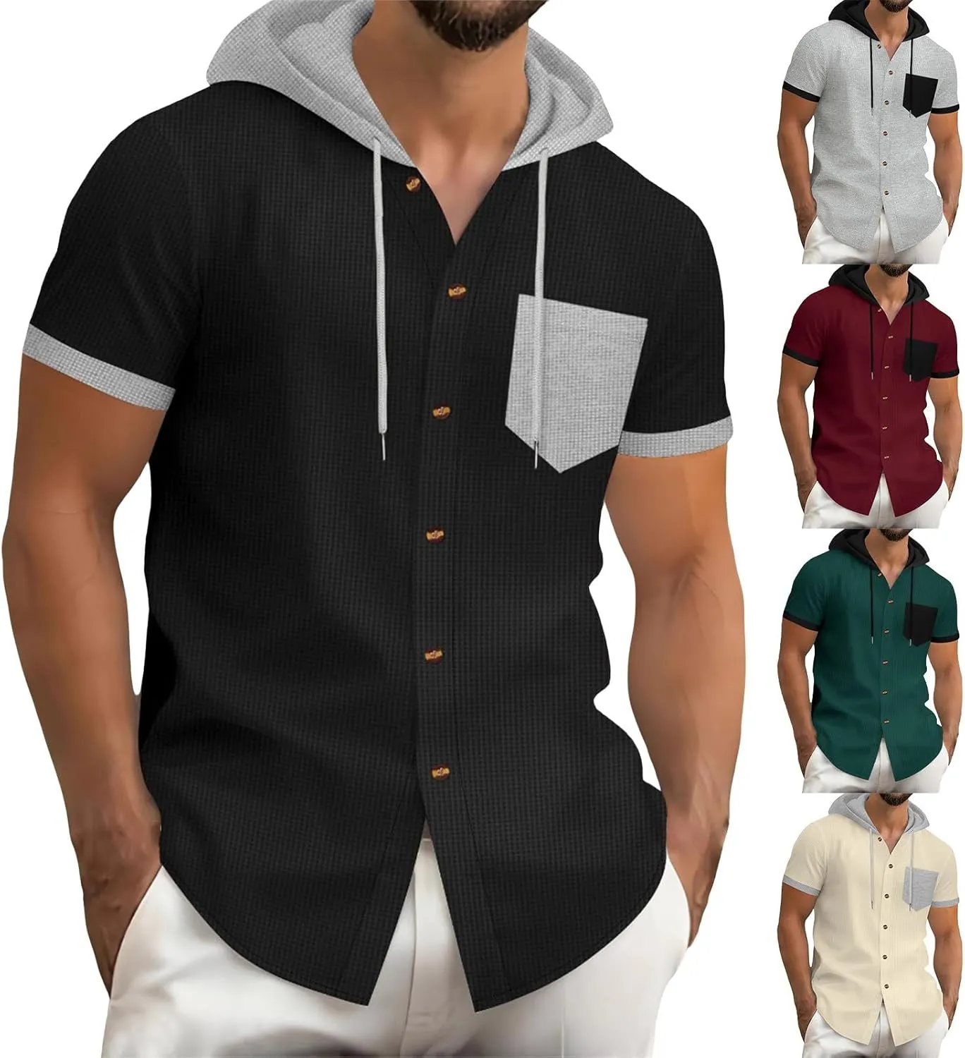 Button Down Hoodies for Men Casual Waffle Knit Short Sleeve Drawstring Hooded Shirt Lightweight Summer Polo Cardigan