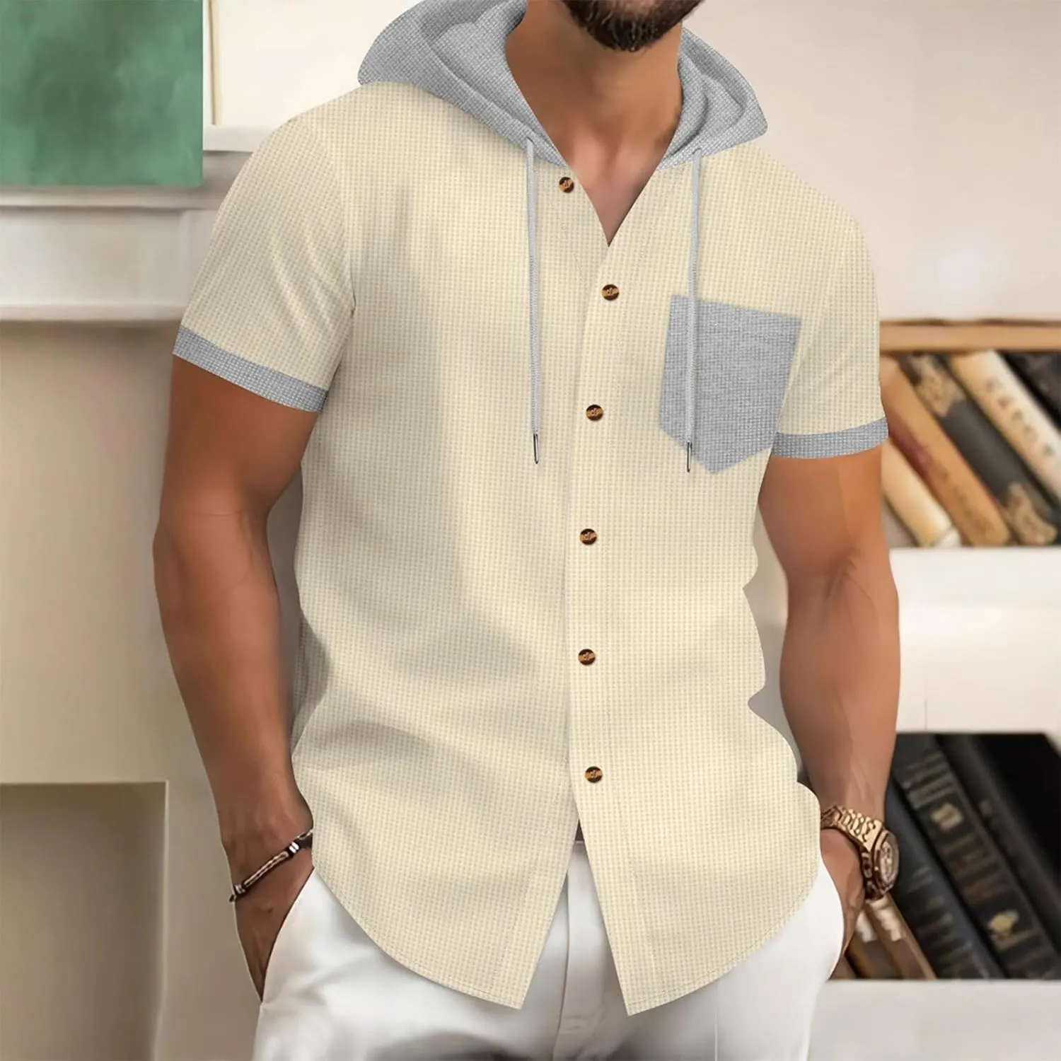 Button Down Hoodies for Men Casual Waffle Knit Short Sleeve Drawstring Hooded Shirt Lightweight Summer Polo Cardigan