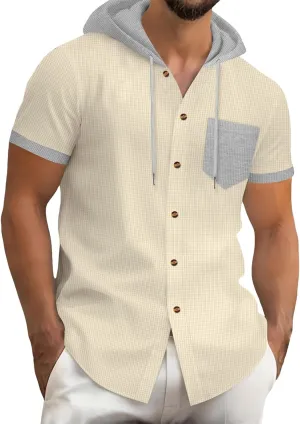 Button Down Hoodies for Men Casual Waffle Knit Short Sleeve Drawstring Hooded Shirt Lightweight Summer Polo Cardigan
