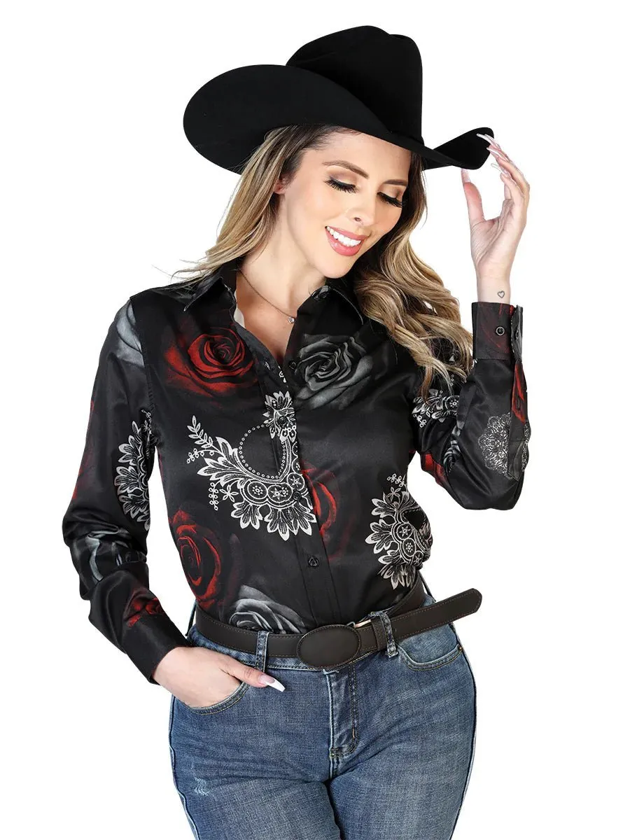 Camisa Casual Para Mujer 'El Señor de los Cielos' *Negro/Rosas Blancas-43891*