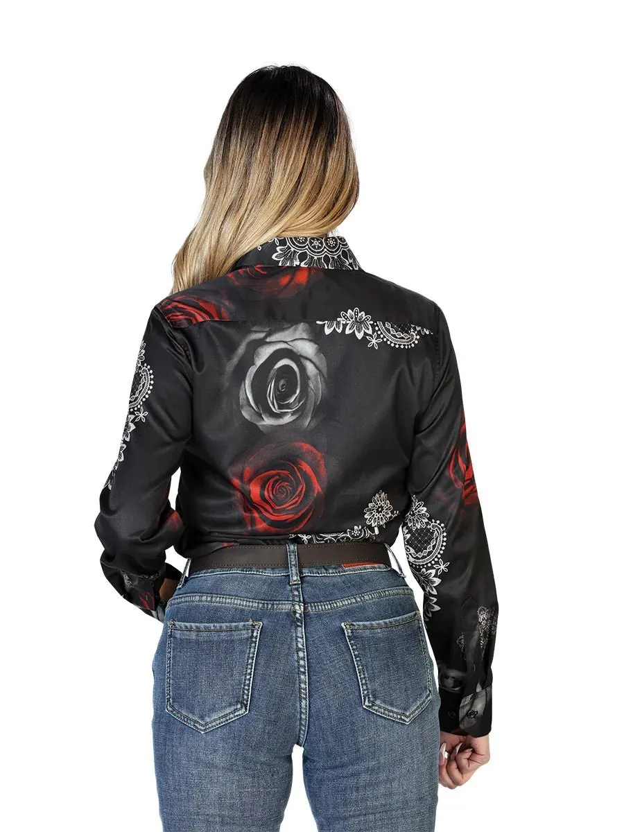 Camisa Casual Para Mujer 'El Señor de los Cielos' *Negro/Rosas Blancas-43891*