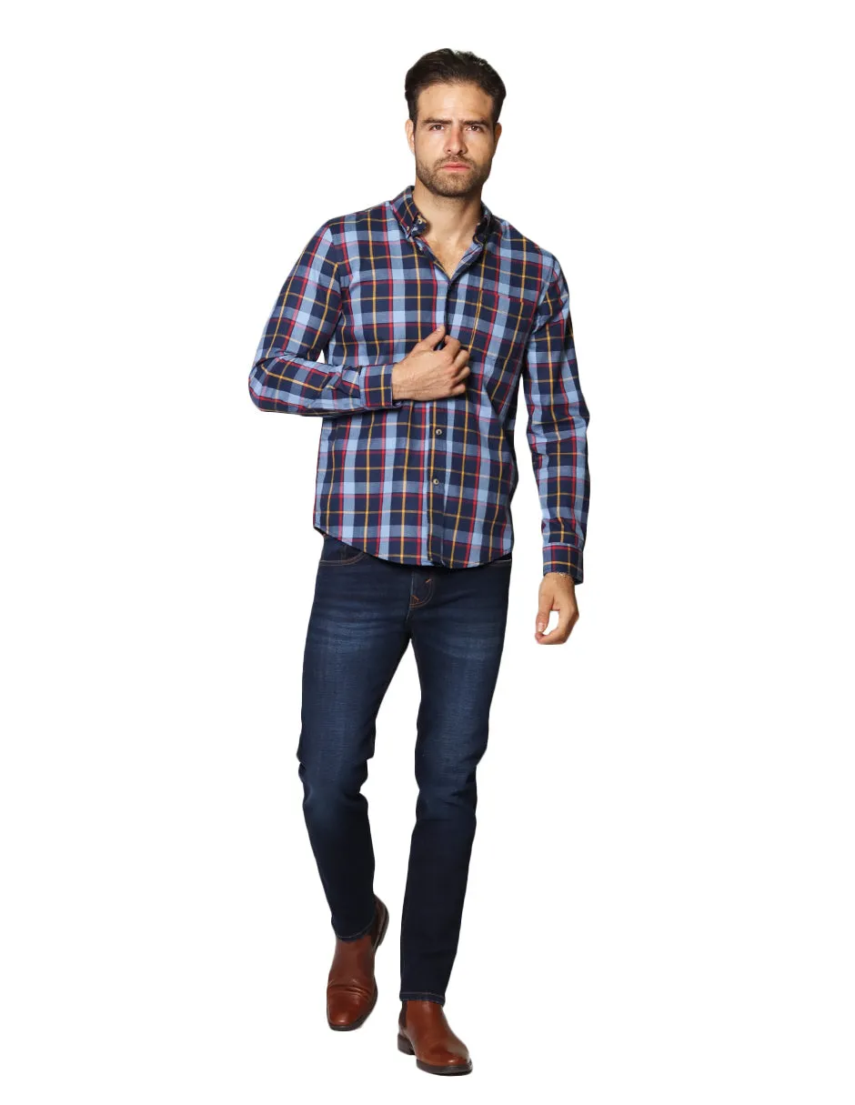 Camisas Hombre Casuales De Manga Larga Con Estampado De Cuadros Relaxed Fit B35108 Azul