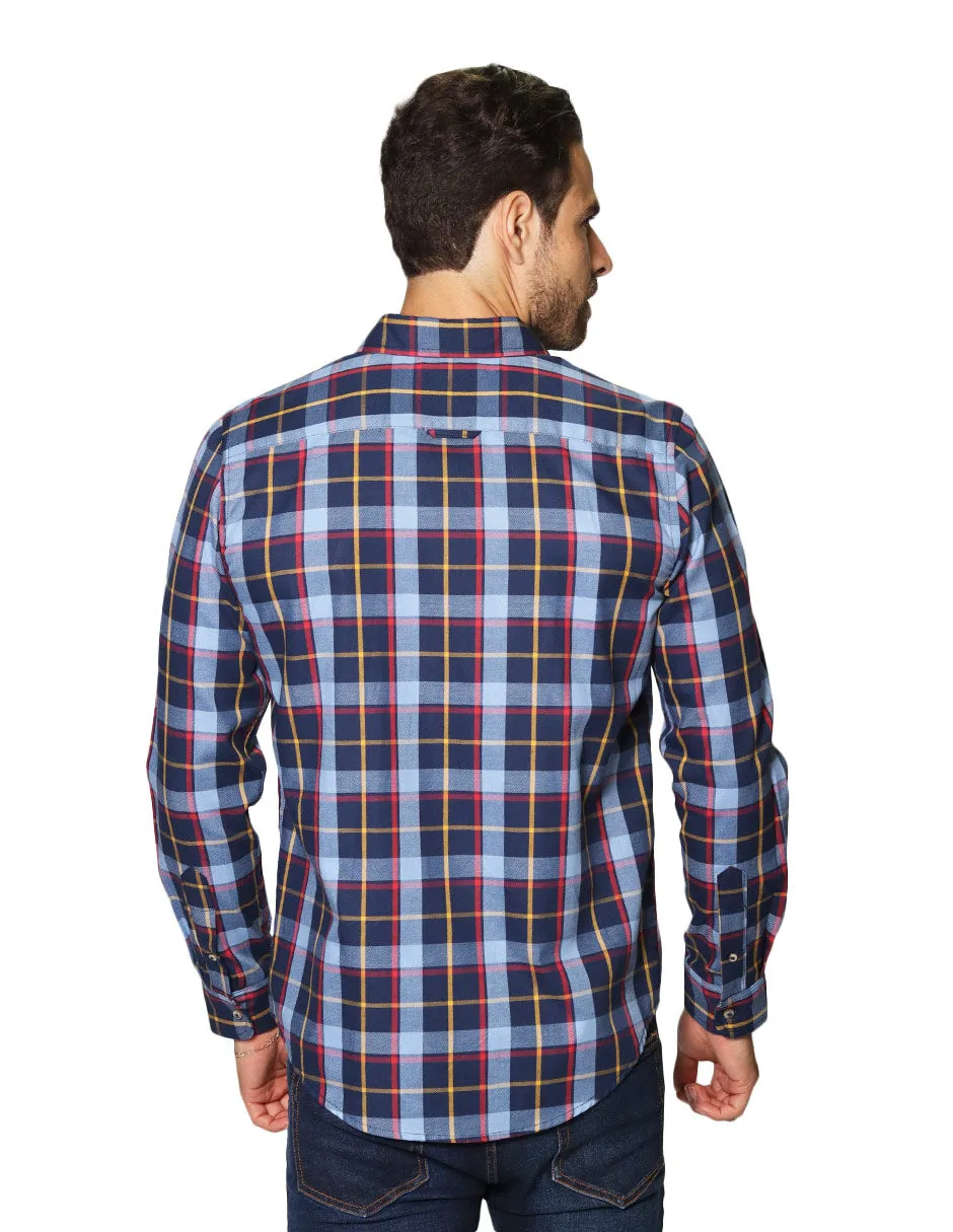 Camisas Hombre Casuales De Manga Larga Con Estampado De Cuadros Relaxed Fit B35108 Azul