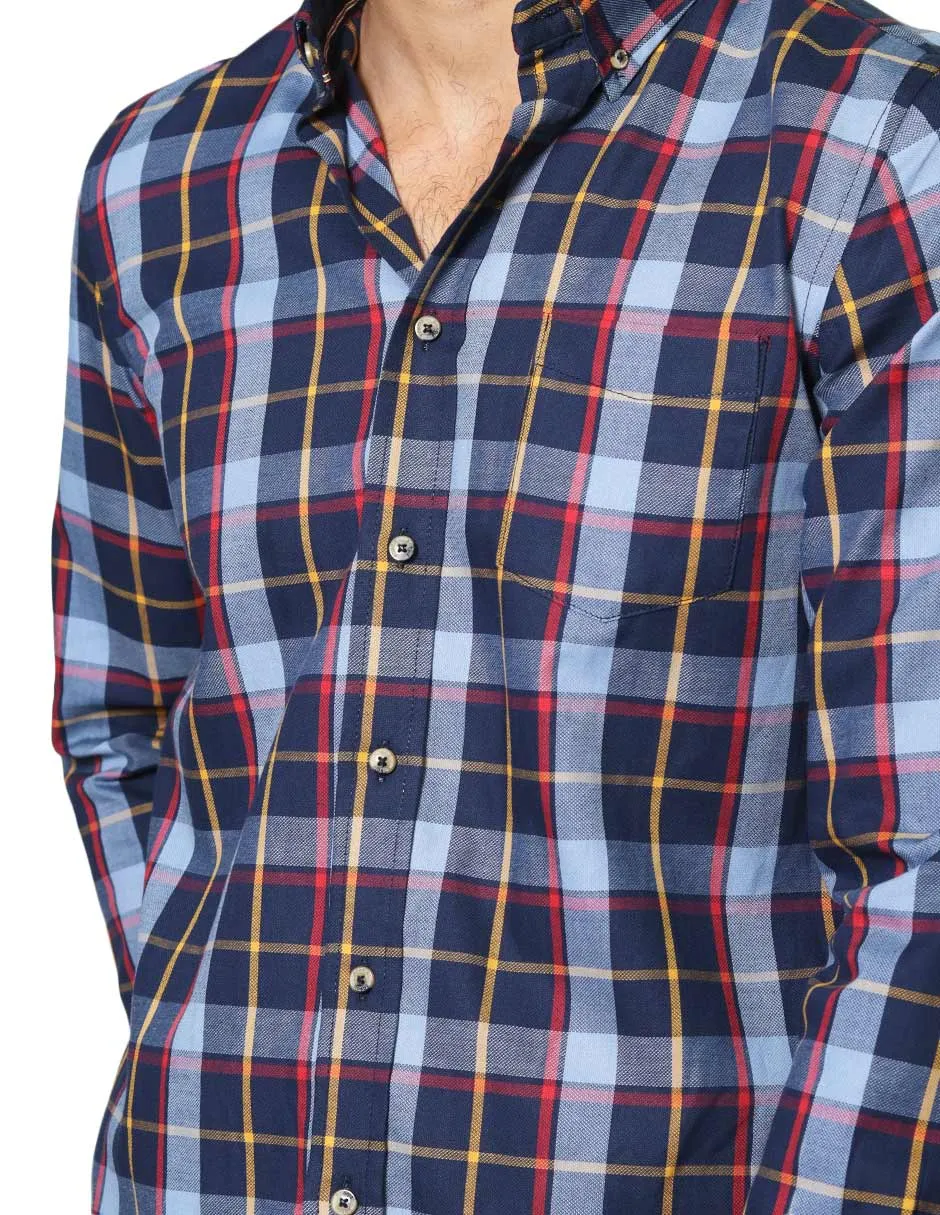 Camisas Hombre Casuales De Manga Larga Con Estampado De Cuadros Relaxed Fit B35108 Azul