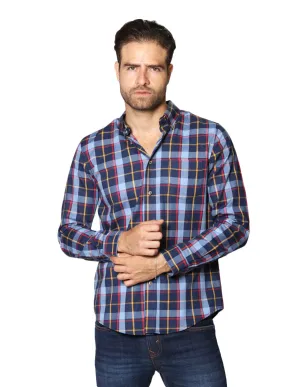 Camisas Hombre Casuales De Manga Larga Con Estampado De Cuadros Relaxed Fit B35108 Azul
