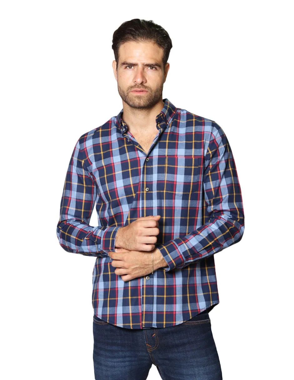 Camisas Hombre Casuales De Manga Larga Con Estampado De Cuadros Relaxed Fit B35108 Azul