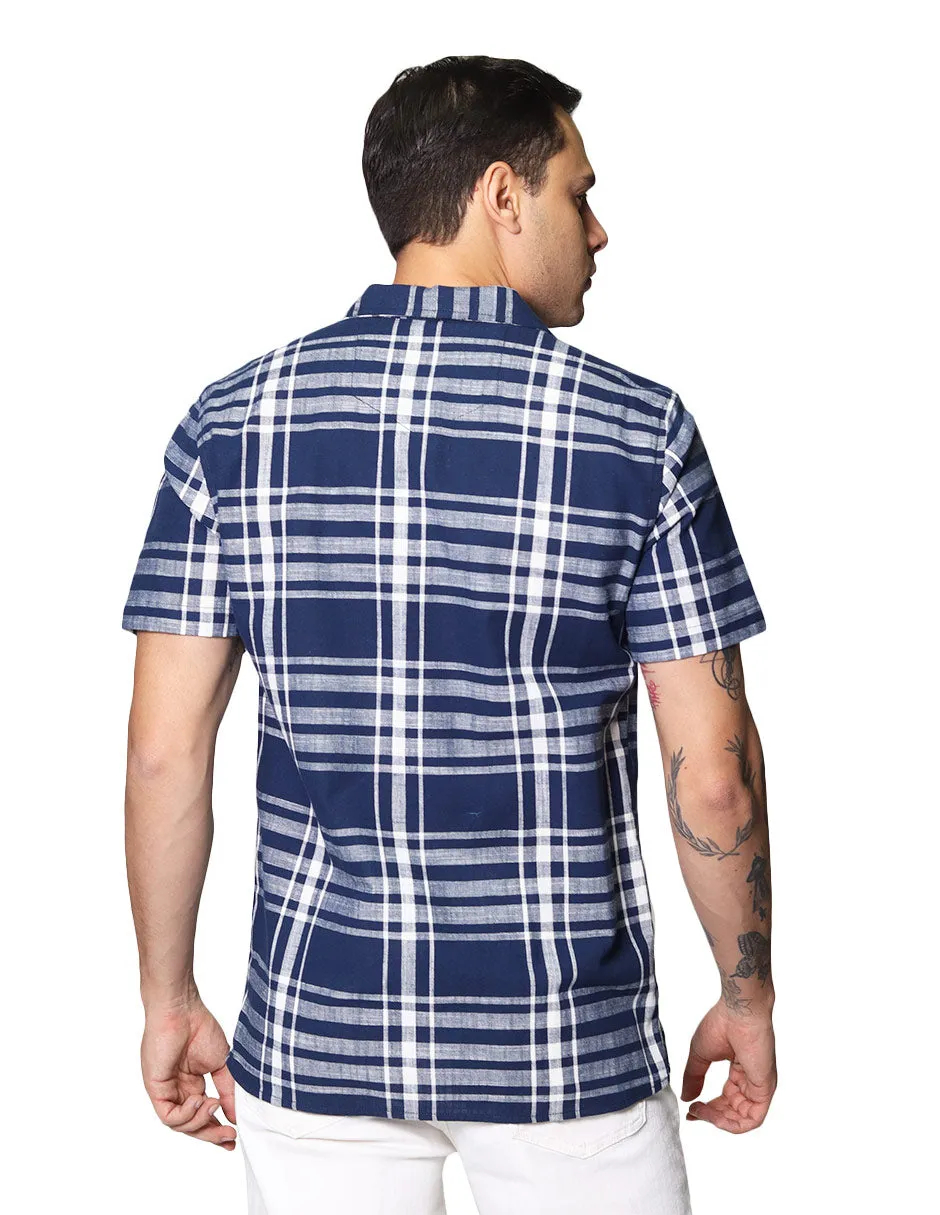Camisas Para Hombre De Manga Corta Con Estampado De Cuadros Cuello Abierto Con Textura Relaxed Fit B41379 Marino