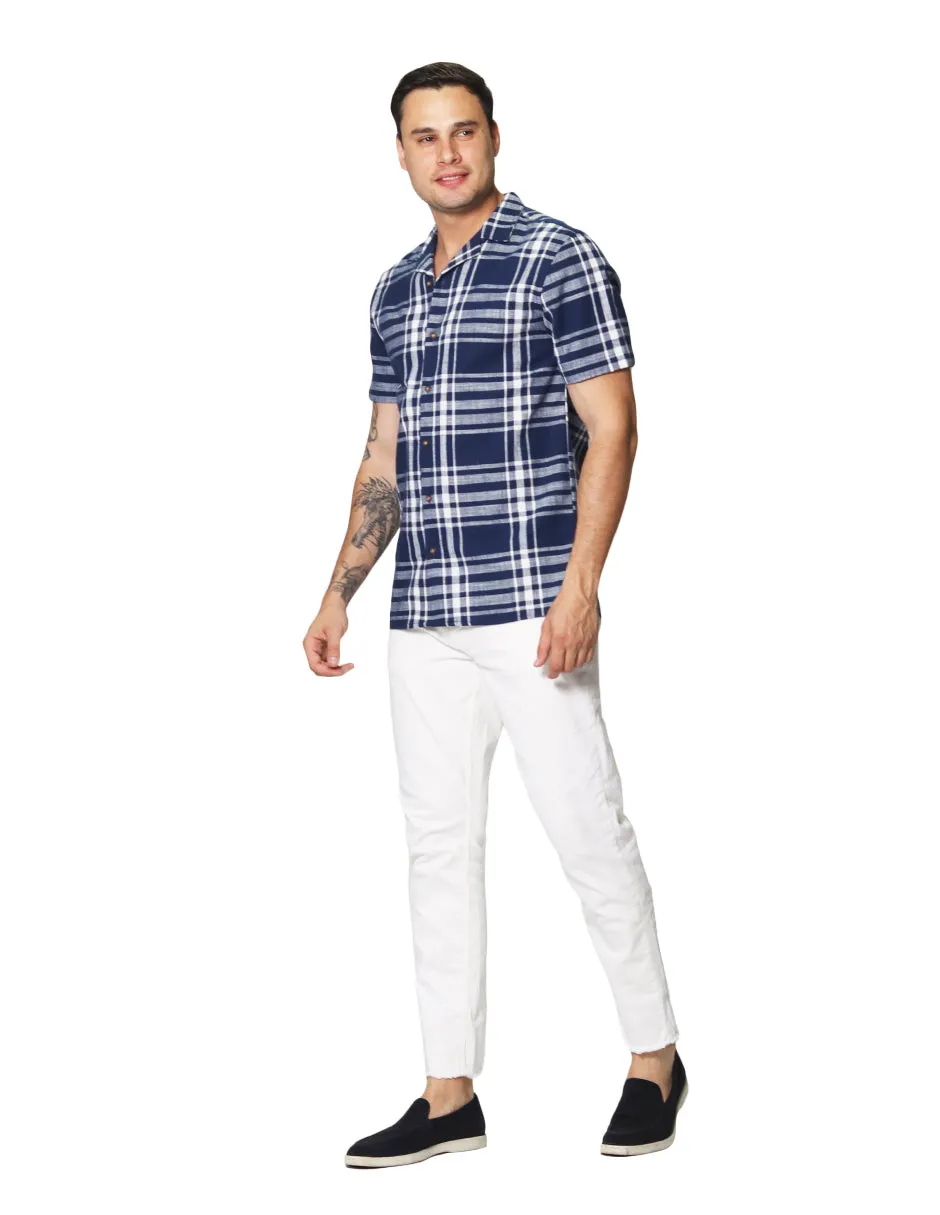 Camisas Para Hombre De Manga Corta Con Estampado De Cuadros Cuello Abierto Con Textura Relaxed Fit B41379 Marino