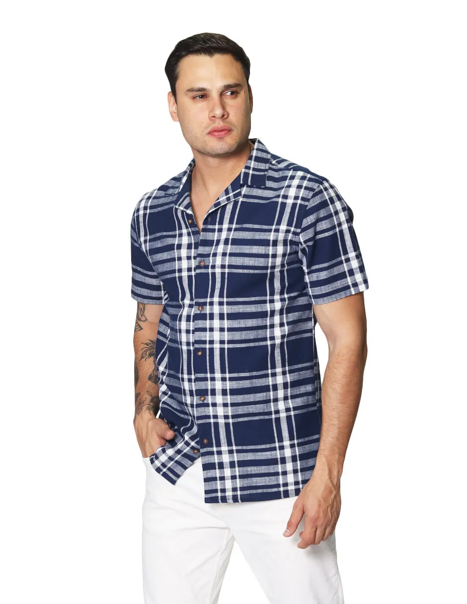 Camisas Para Hombre De Manga Corta Con Estampado De Cuadros Cuello Abierto Con Textura Relaxed Fit B41379 Marino