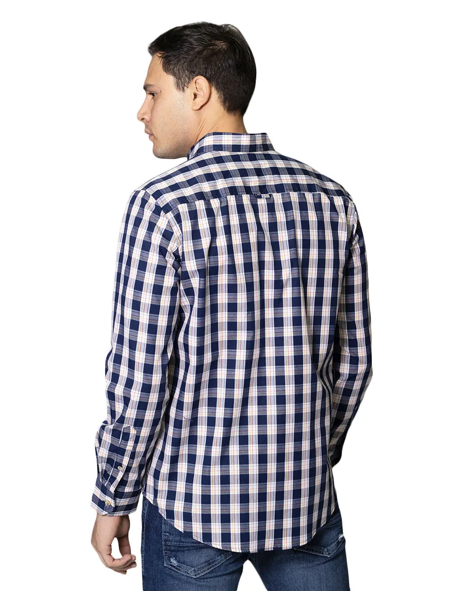 Camisas Para Hombre De Manga Larga Con Estampado De Cuadros Cuello Button Down De Algodon Regular Fit B41106 Marino