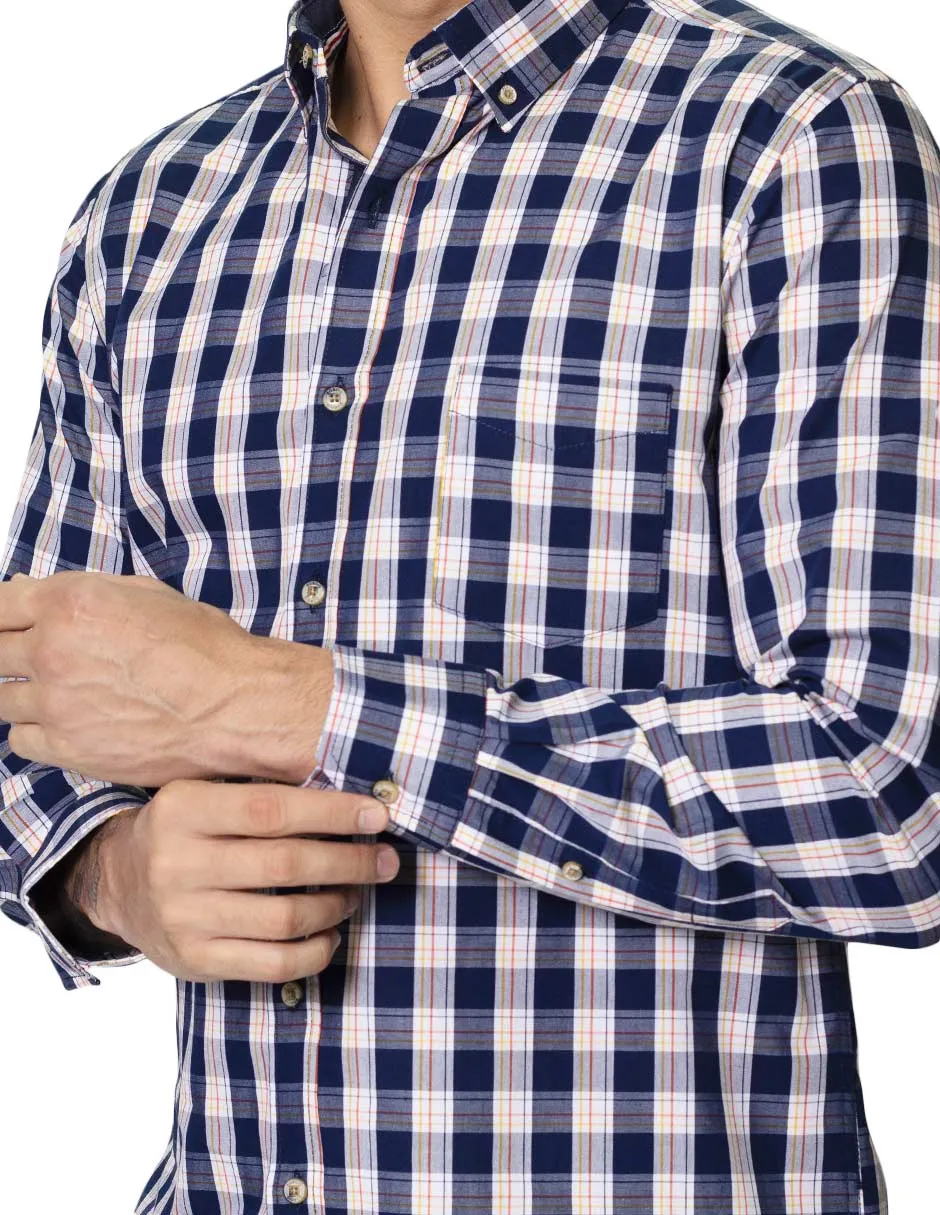 Camisas Para Hombre De Manga Larga Con Estampado De Cuadros Cuello Button Down De Algodon Regular Fit B41106 Marino