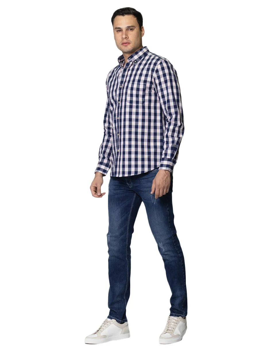 Camisas Para Hombre De Manga Larga Con Estampado De Cuadros Cuello Button Down De Algodon Regular Fit B41106 Marino
