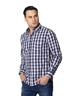 Camisas Para Hombre De Manga Larga Con Estampado De Cuadros Cuello Button Down De Algodon Regular Fit B41106 Marino