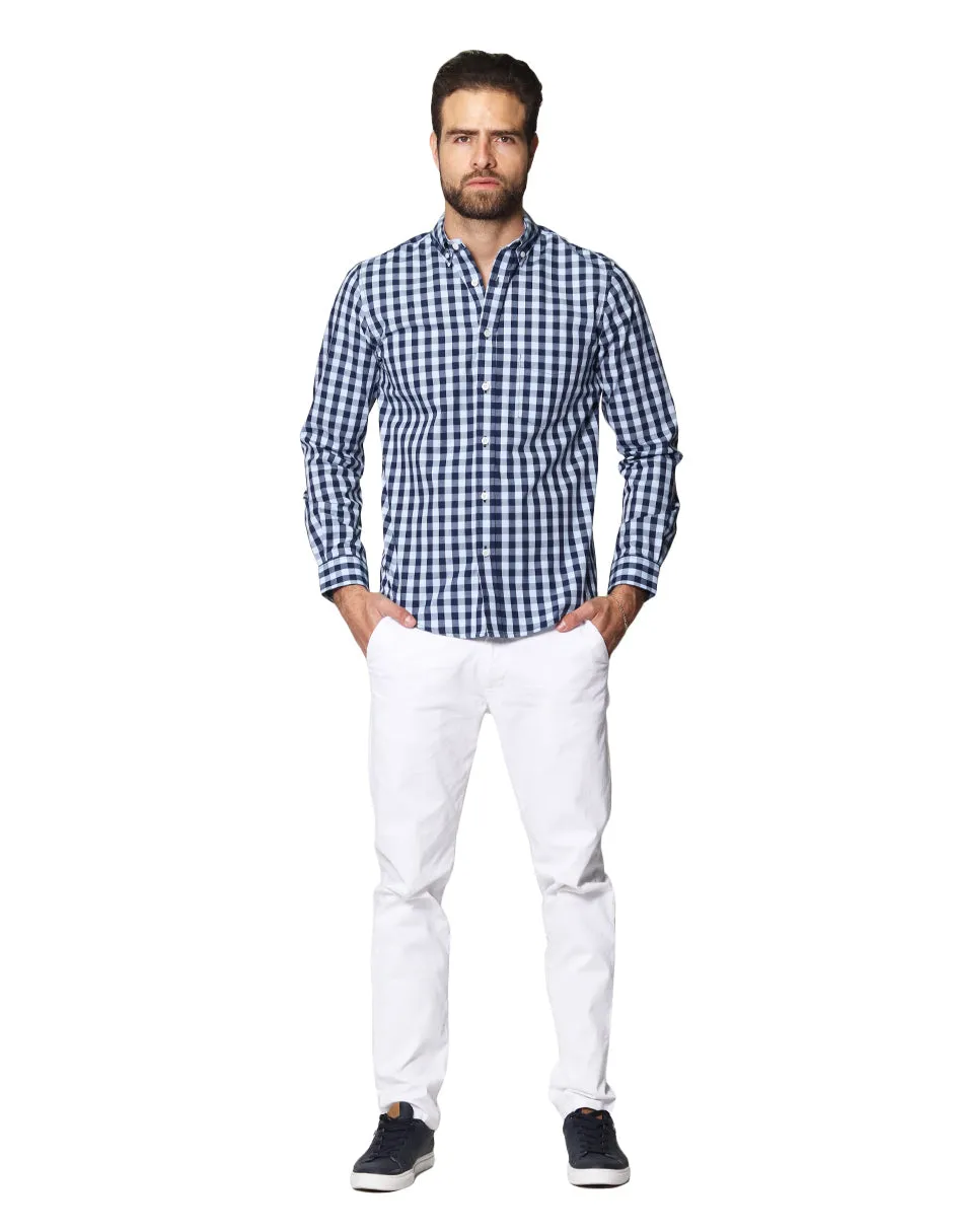 Camisas Para Hombre De Manga Larga Con Estampado De Cuadros Grandes Cuello Americano Regular Fit B41219 Cielo