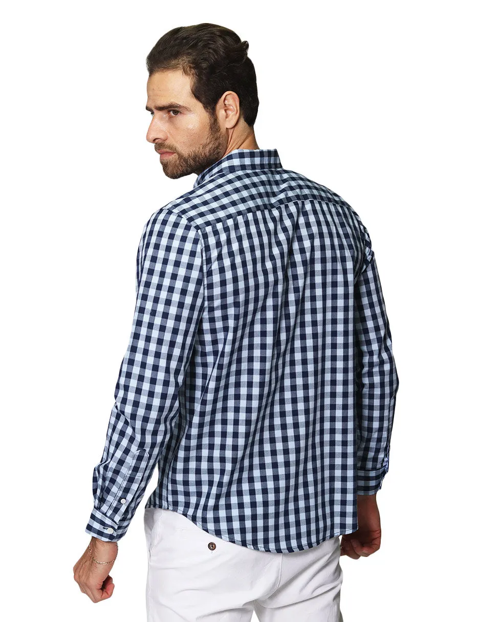 Camisas Para Hombre De Manga Larga Con Estampado De Cuadros Grandes Cuello Americano Regular Fit B41219 Cielo