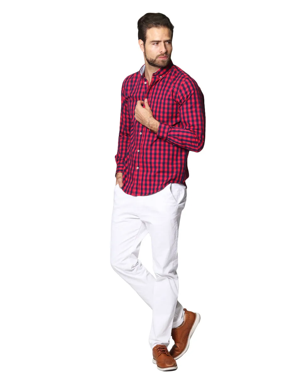 Camisas Para Hombre De Manga Larga Con Estampado De Cuadros Grandes Cuello Americano Regular Fit B41219 Rojo
