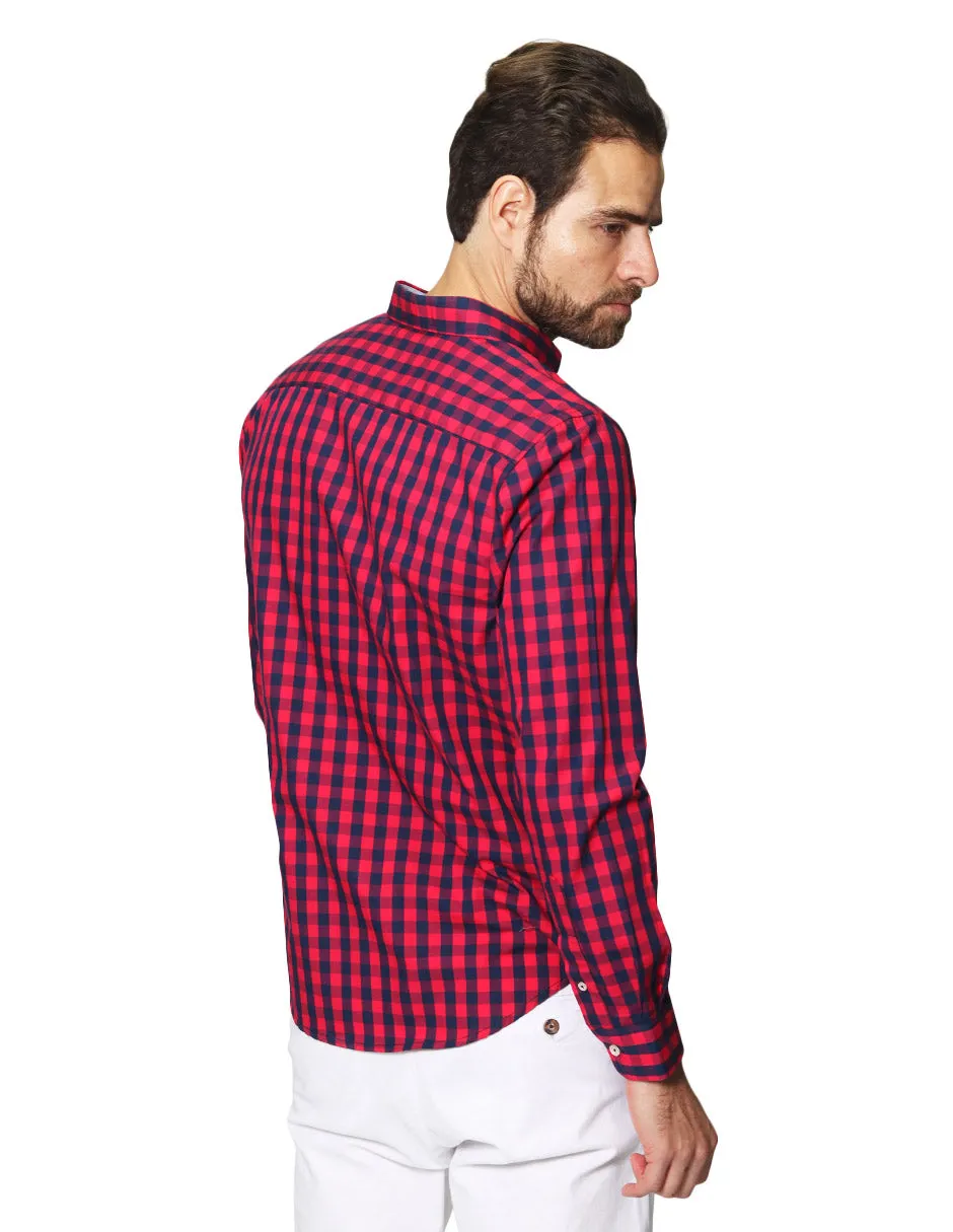 Camisas Para Hombre De Manga Larga Con Estampado De Cuadros Grandes Cuello Americano Regular Fit B41219 Rojo