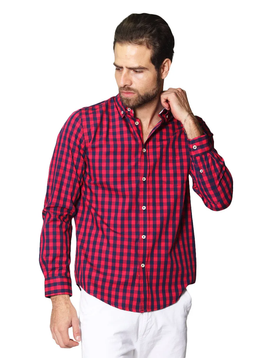 Camisas Para Hombre De Manga Larga Con Estampado De Cuadros Grandes Cuello Americano Regular Fit B41219 Rojo