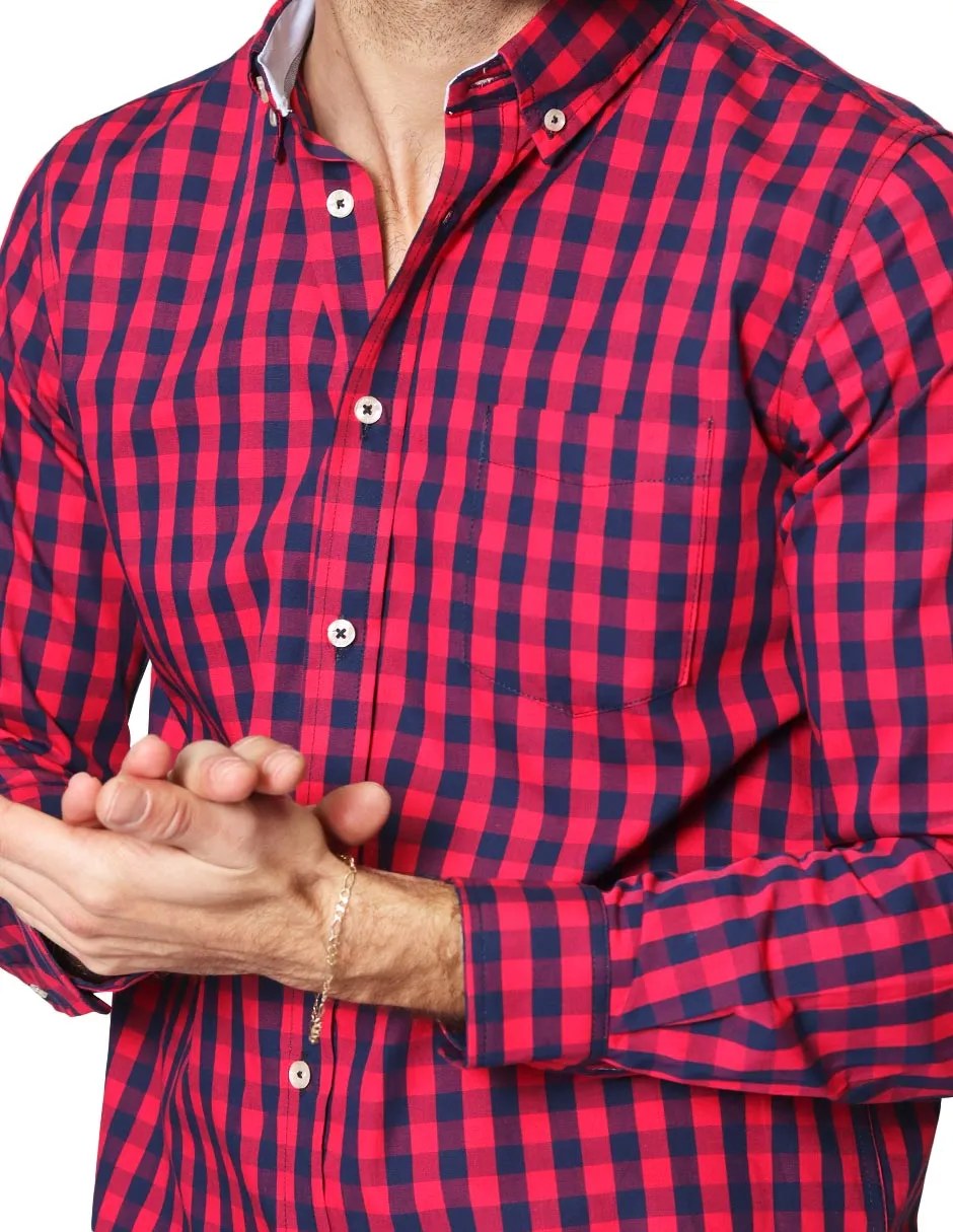 Camisas Para Hombre De Manga Larga Con Estampado De Cuadros Grandes Cuello Americano Regular Fit B41219 Rojo