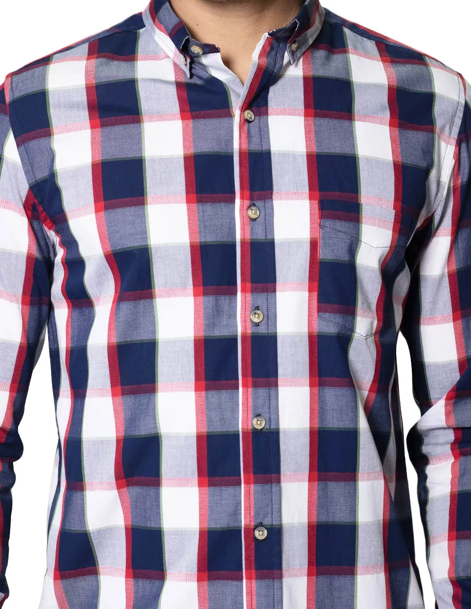Camisas Para Hombre Dobby De Manga Larga Con Estampado De Cuadros Cuello Button Down Regular Fit B41109 Marino