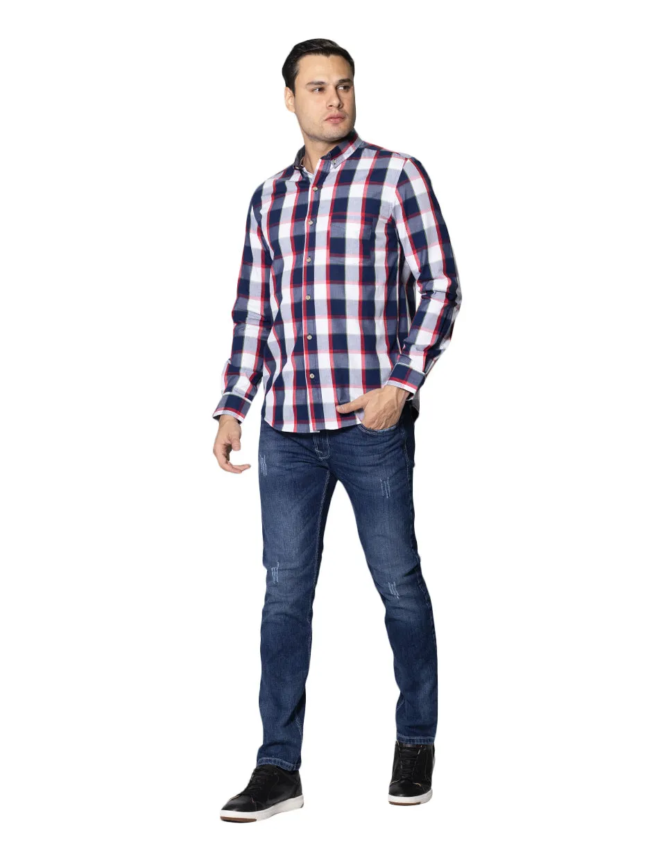 Camisas Para Hombre Dobby De Manga Larga Con Estampado De Cuadros Cuello Button Down Regular Fit B41109 Marino