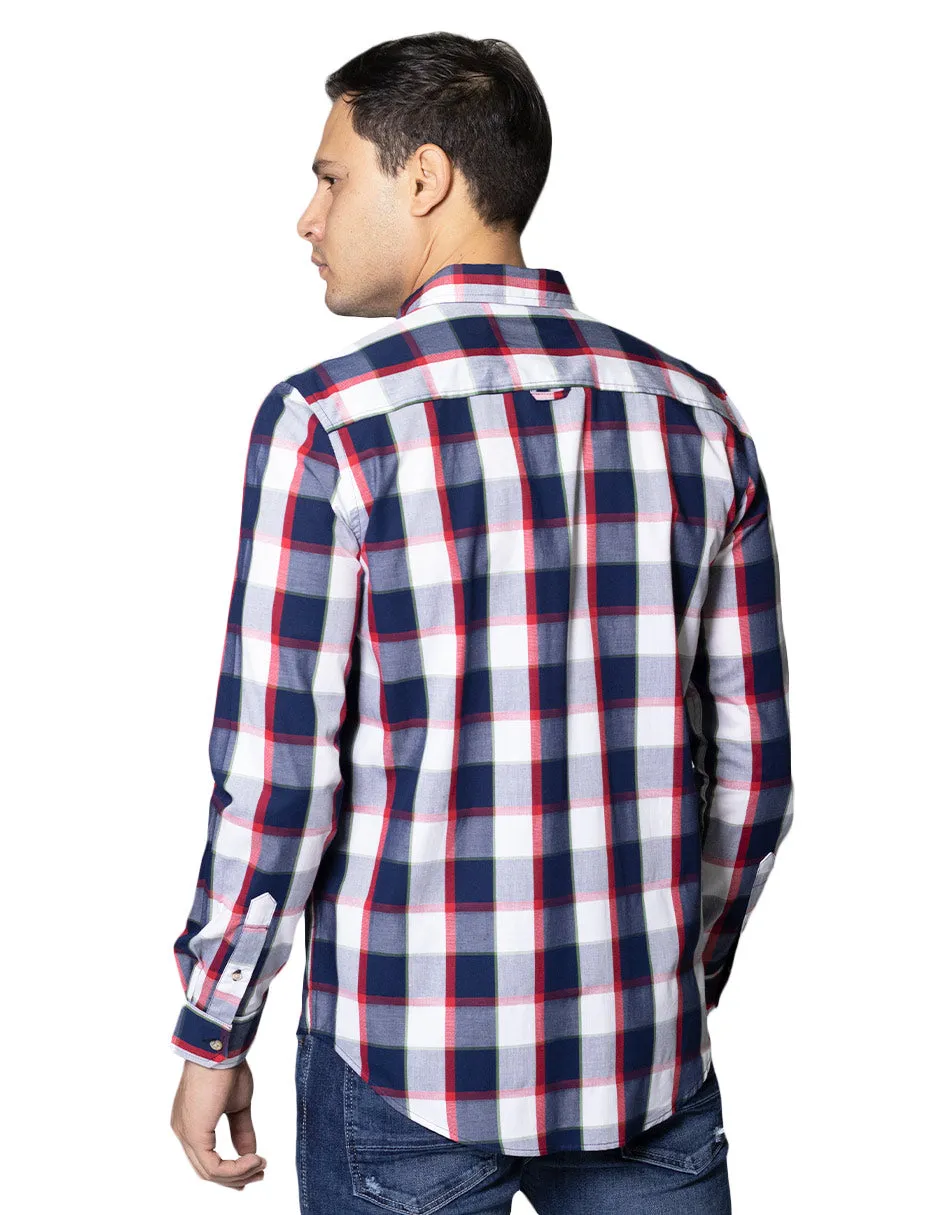Camisas Para Hombre Dobby De Manga Larga Con Estampado De Cuadros Cuello Button Down Regular Fit B41109 Marino