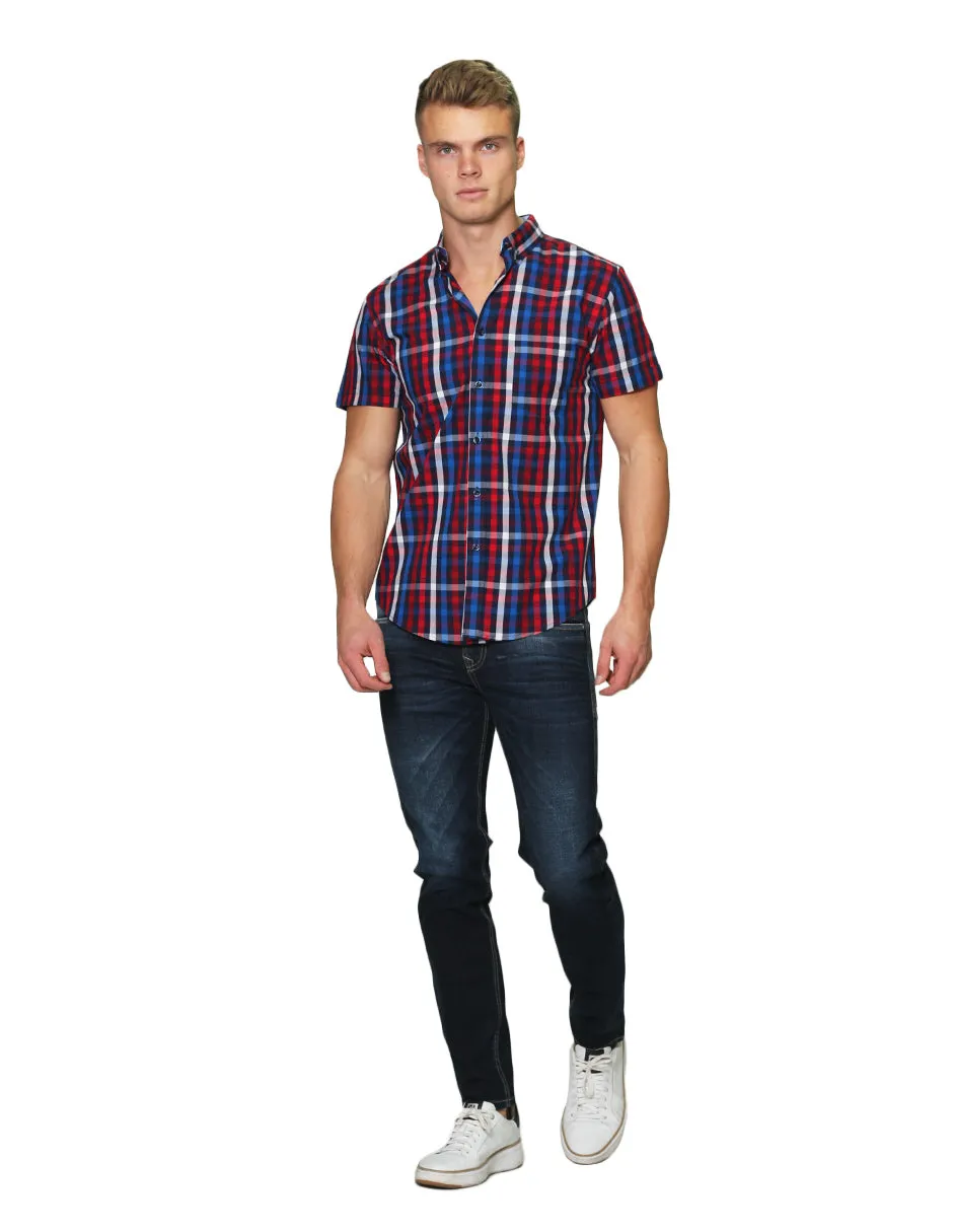Camisas Para Hombre Manga Corta Cuadros Regular Fit B31254 Rojo