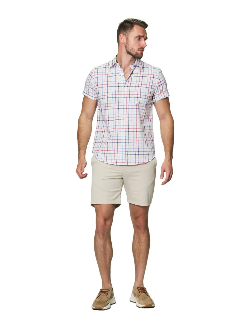 Camisas Para Hombre Manga Corta Estampado Cuadros Slim Fit B31362 Blanco