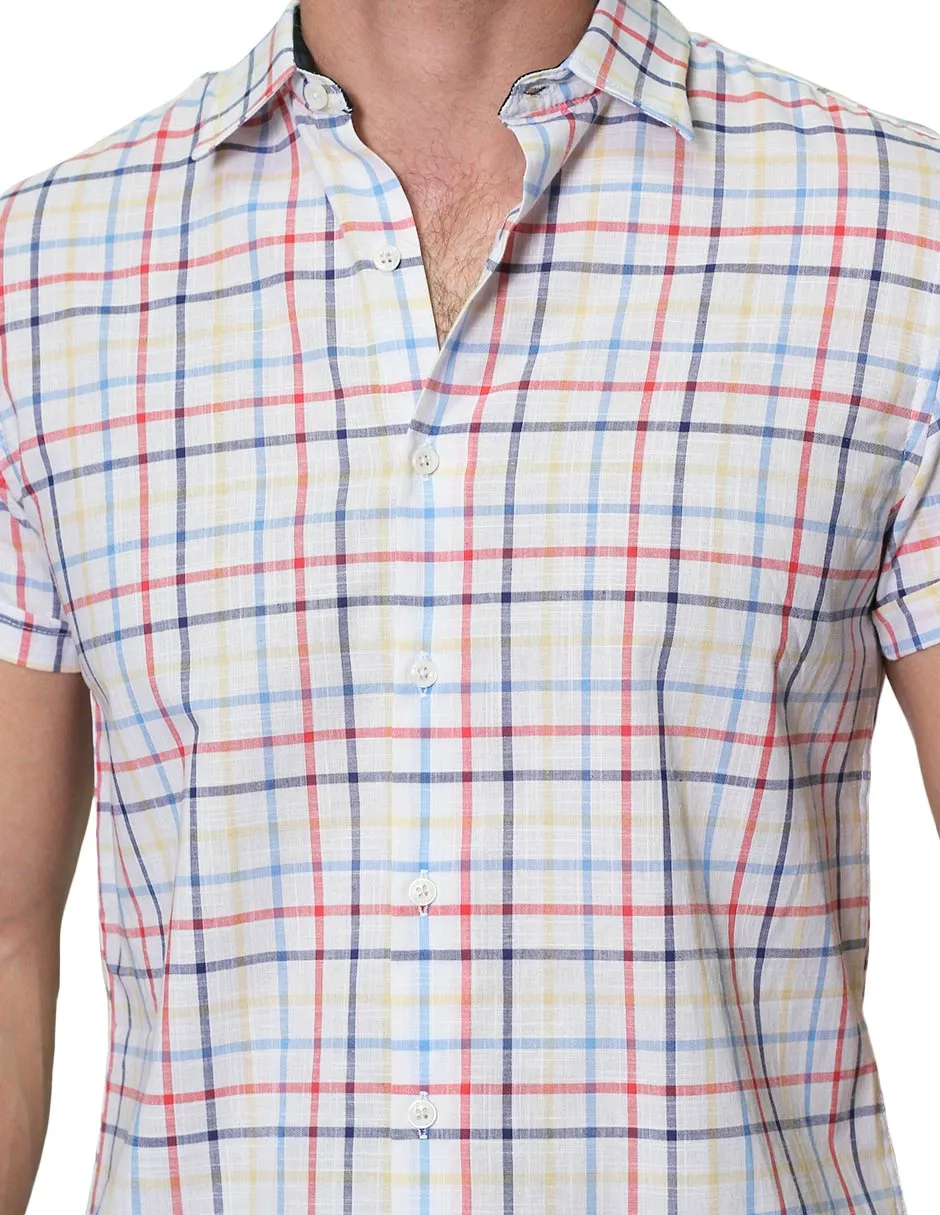Camisas Para Hombre Manga Corta Estampado Cuadros Slim Fit B31362 Blanco