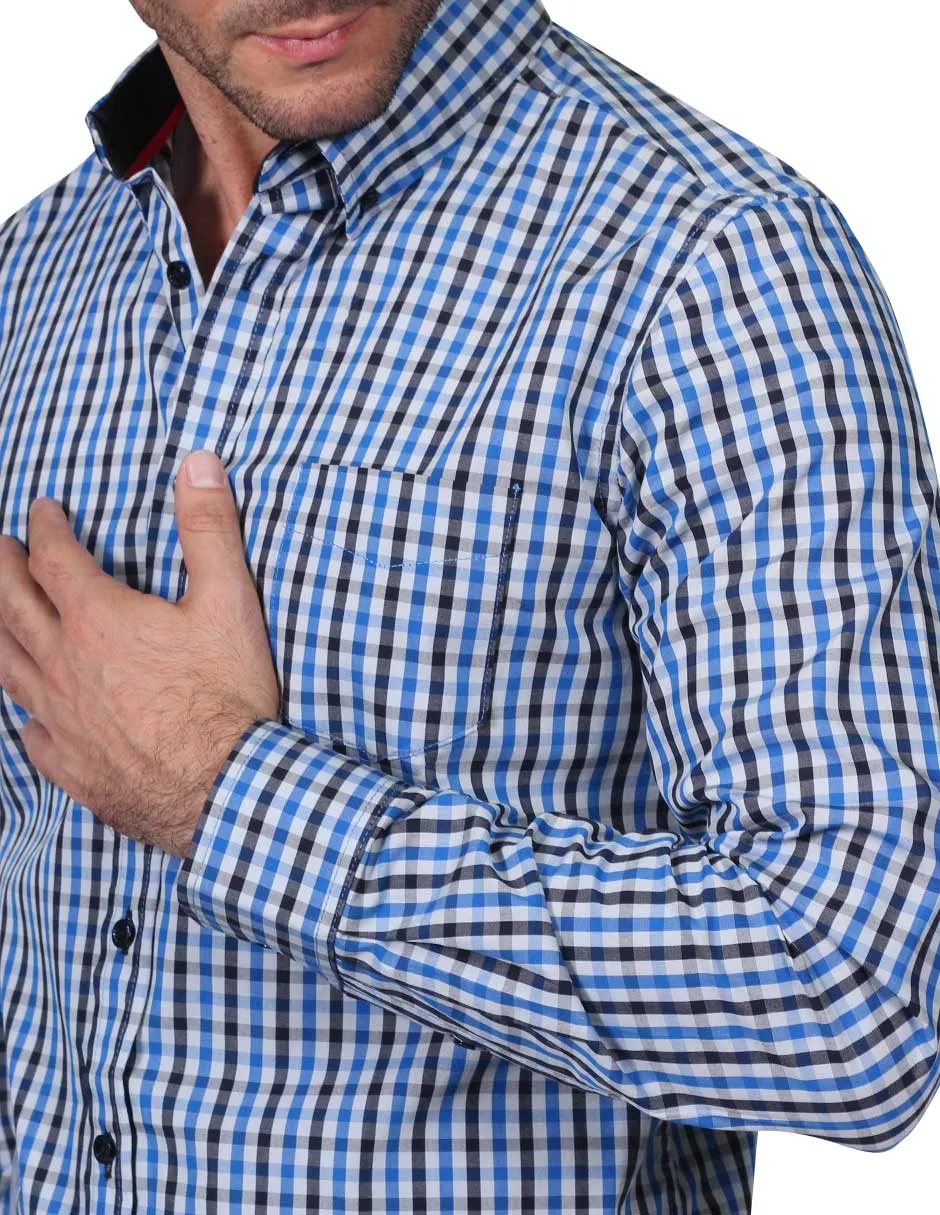 Camisas Para Hombre Manga Larga Cuadros Pequeños Regular Fit Azul B21205