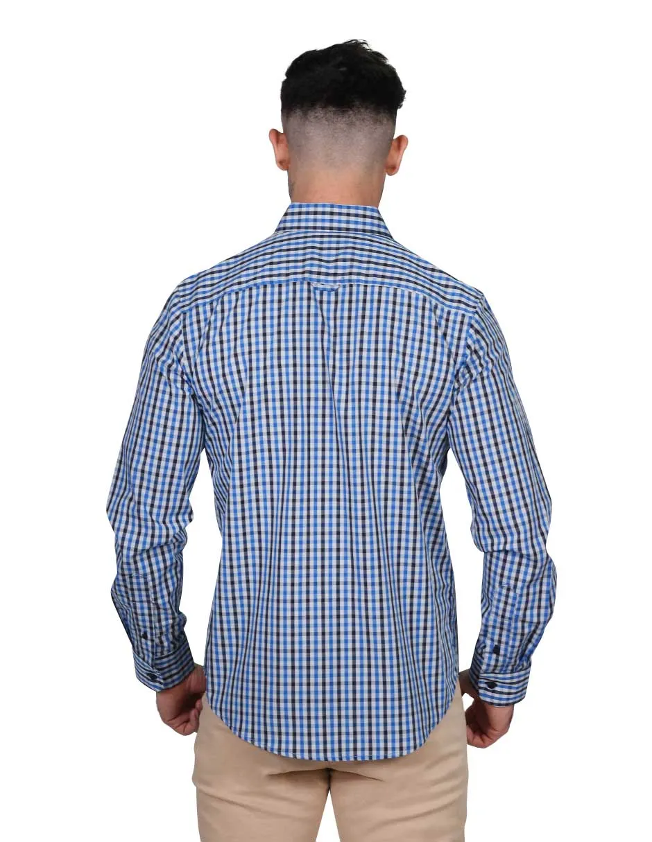 Camisas Para Hombre Manga Larga Cuadros Pequeños Regular Fit Azul B21205