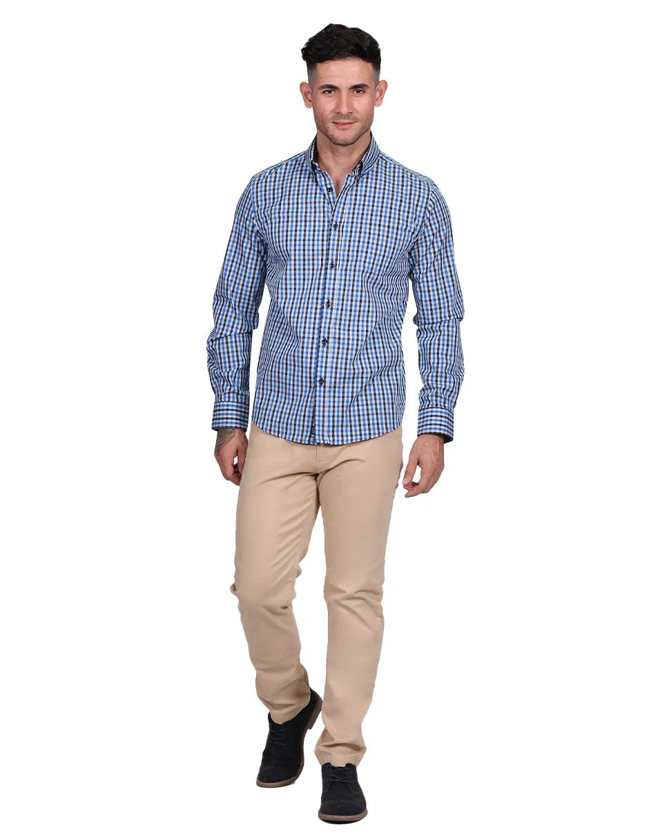 Camisas Para Hombre Manga Larga Cuadros Pequeños Regular Fit Azul B21205