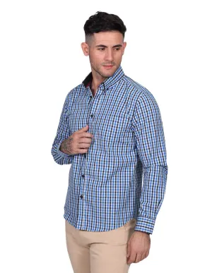 Camisas Para Hombre Manga Larga Cuadros Pequeños Regular Fit Azul B21205