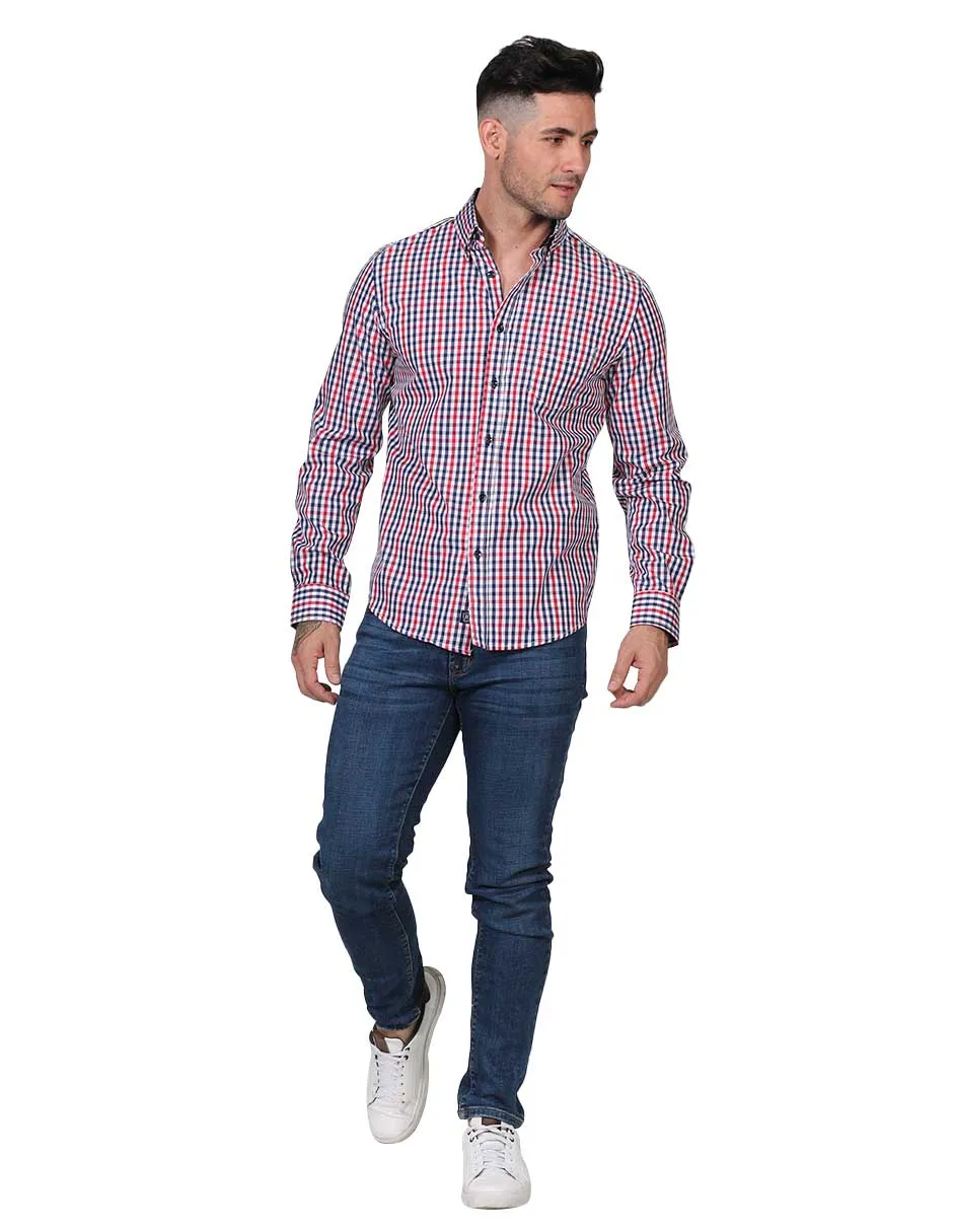 Camisas Para Hombre Manga Larga Cuadros Pequeños Regular Fit Rojo B21205