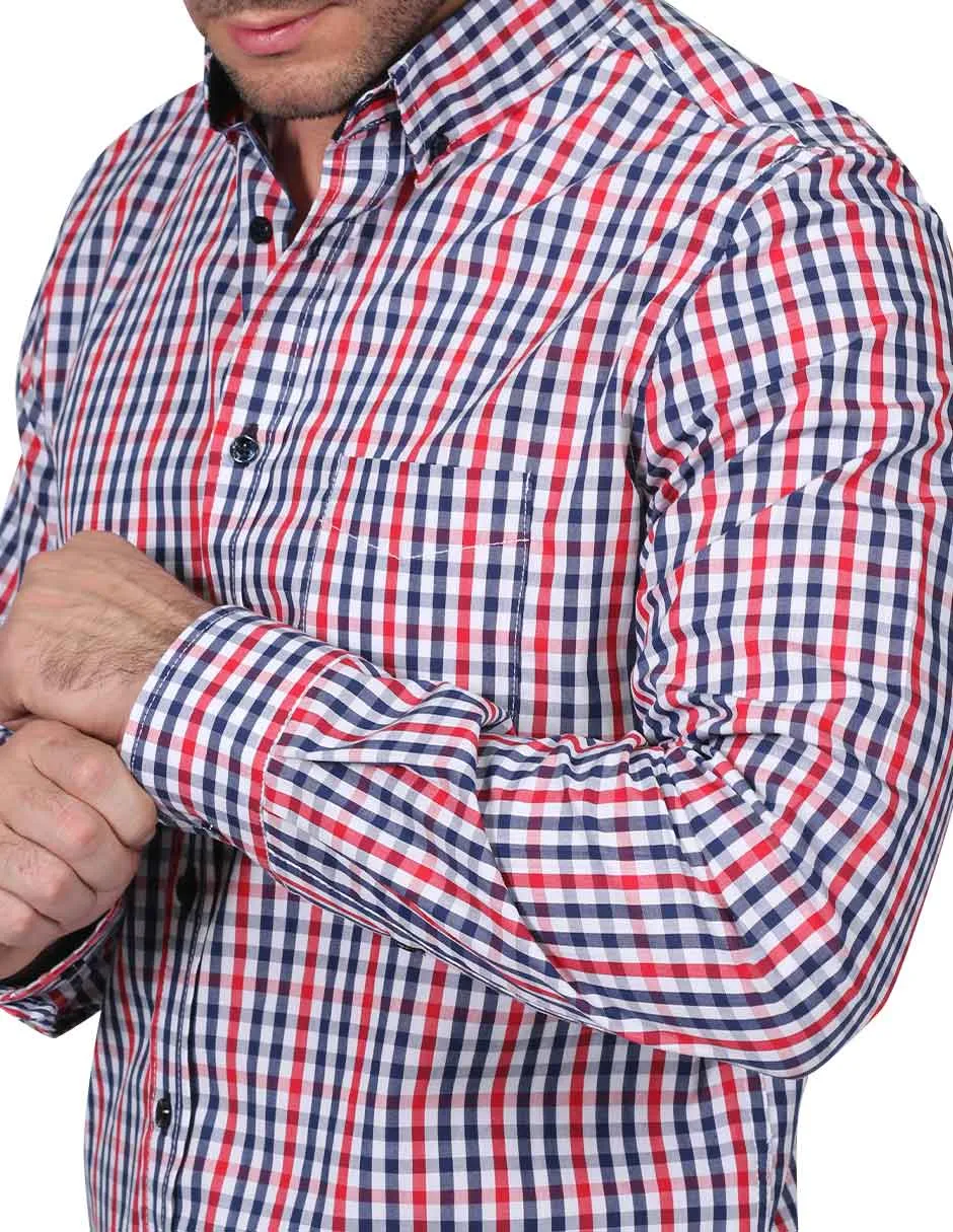 Camisas Para Hombre Manga Larga Cuadros Pequeños Regular Fit Rojo B21205