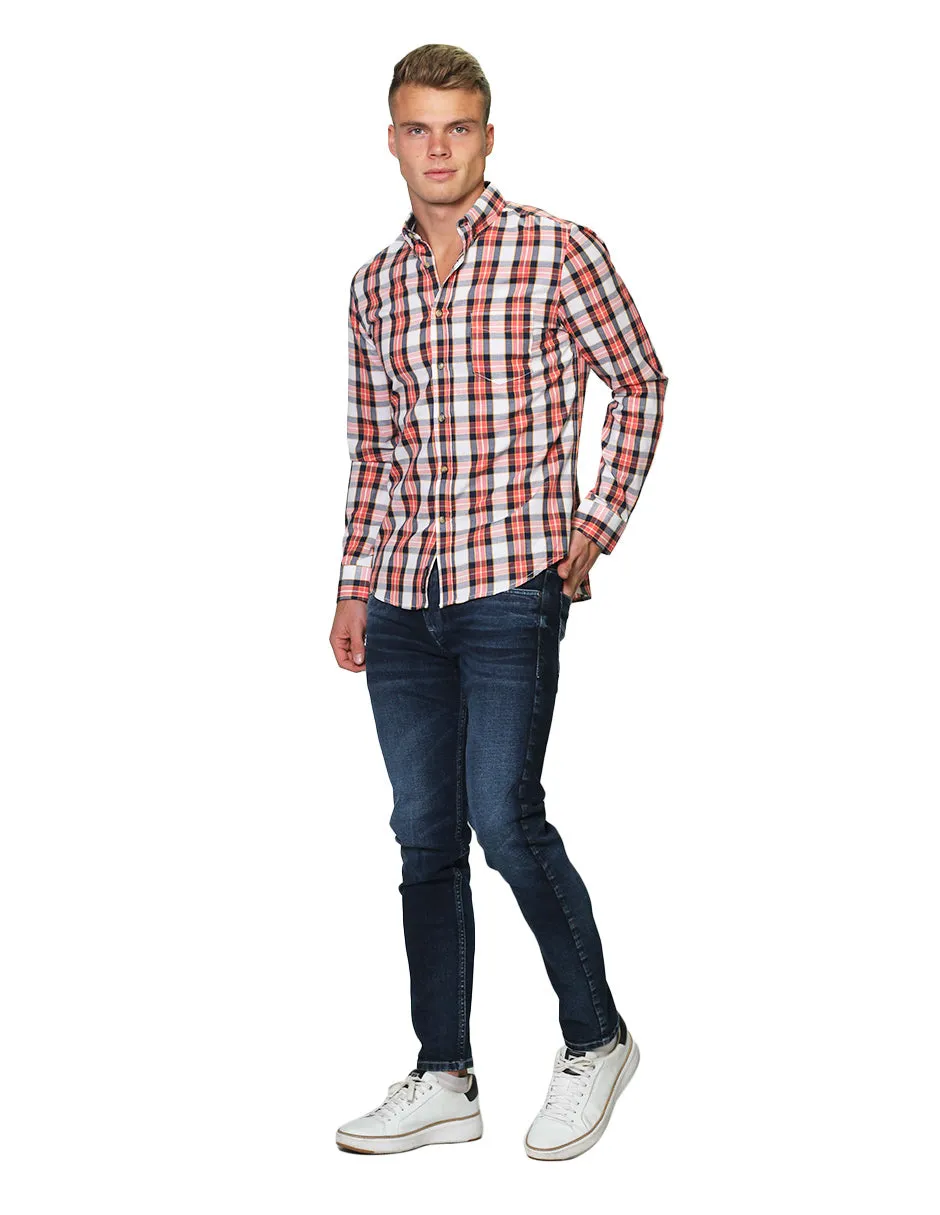 Camisas Para Hombre Manga Larga Cuadros Slim Fit B31107 Coral