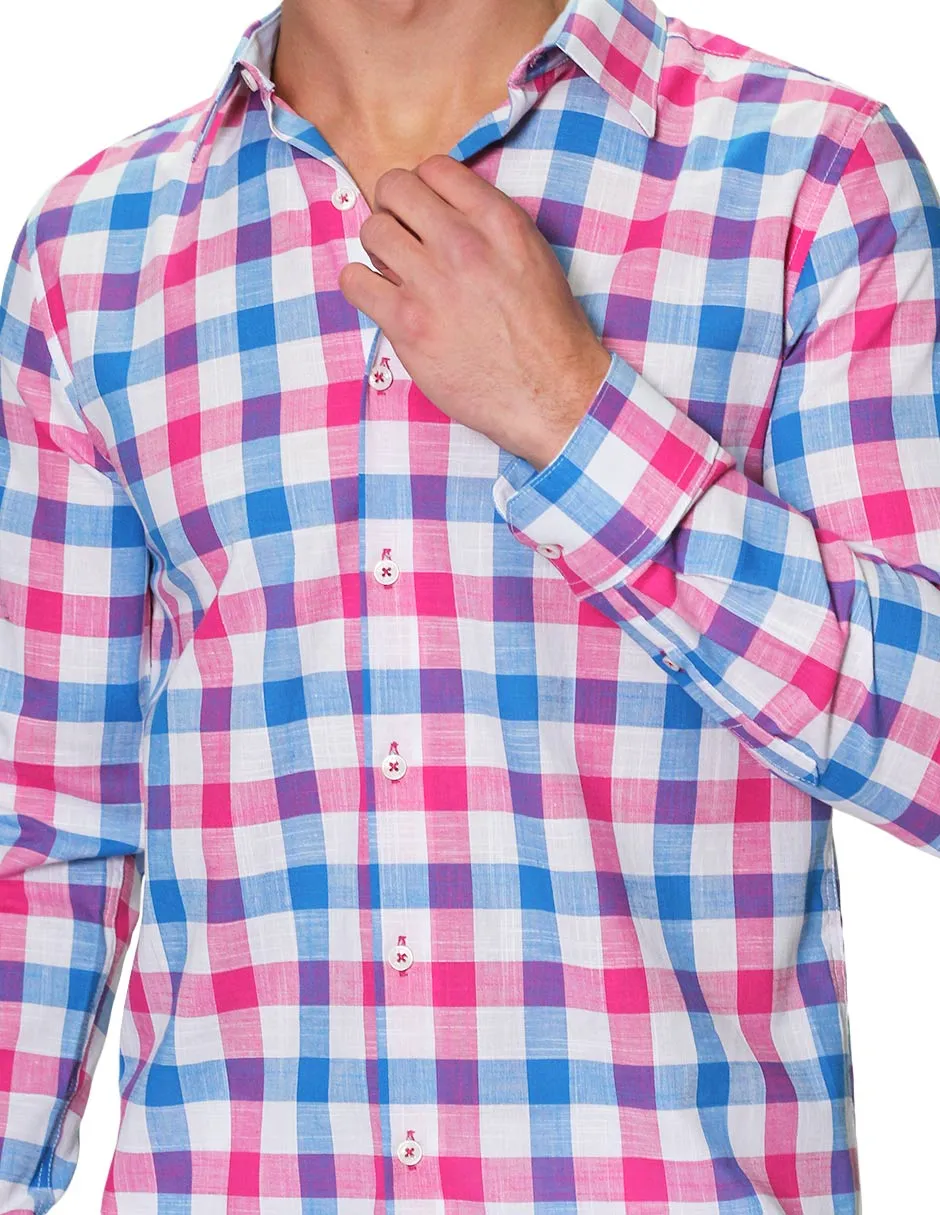 Camisas Para Hombre Manga Larga Cuadros Tipo Lino Slim Fit B31305 Rosa